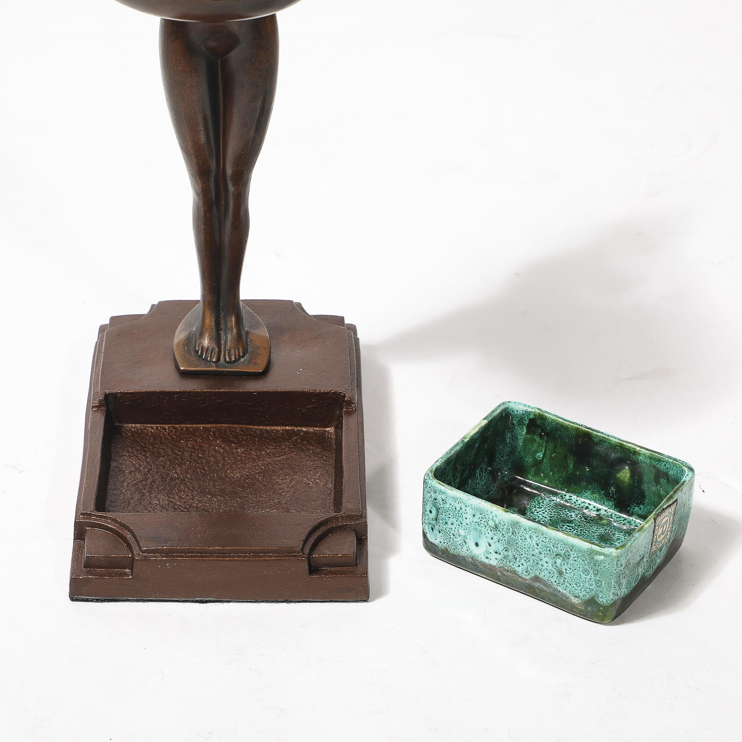 Mid-20th Century Art Deco Patinated Bronze, Olive Green & Jade Ceramic Smoking Stand by FrankArts For Sale