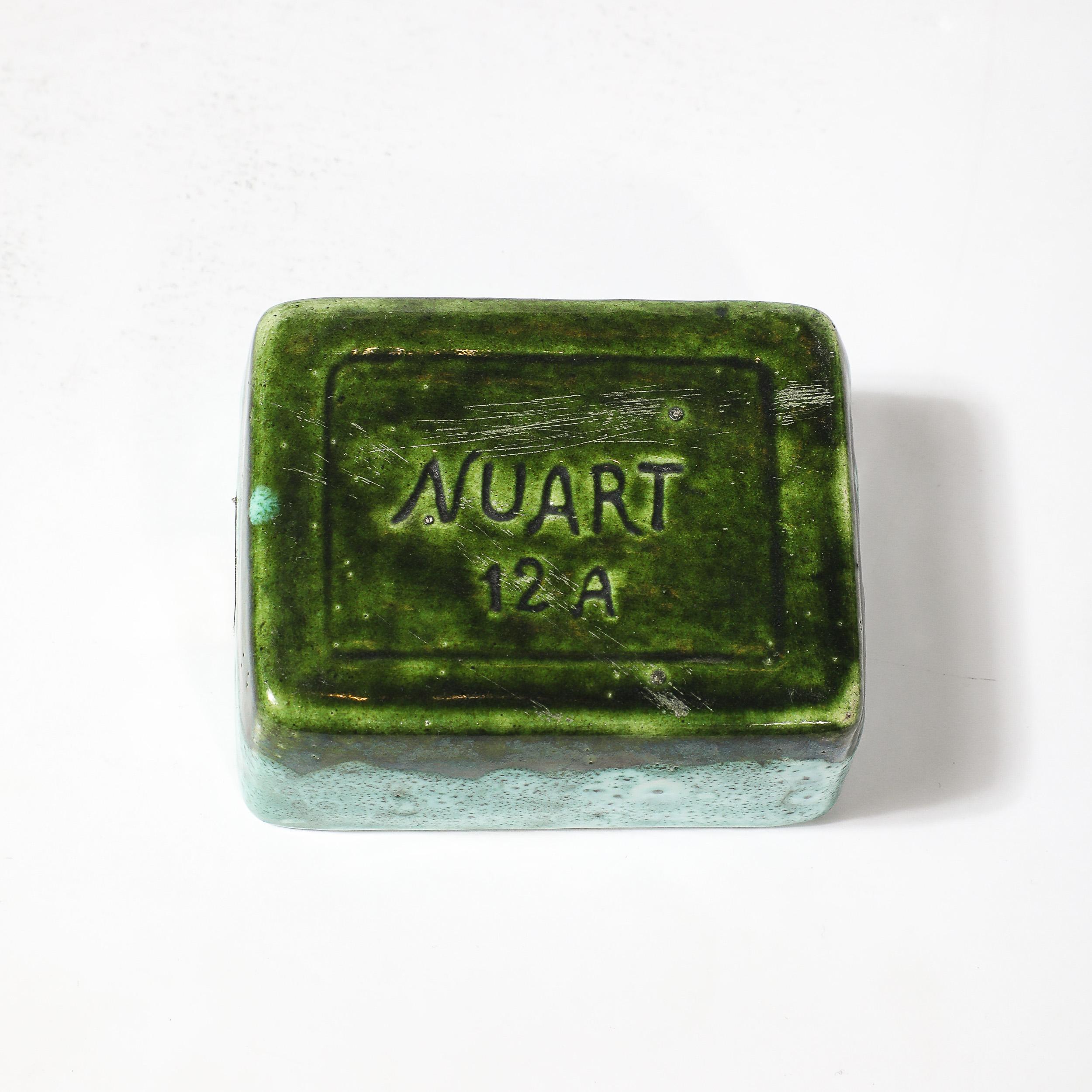 Art Deco Patinated Bronze, Olive Green & Jade Ceramic Smoking Stand by FrankArts For Sale 3