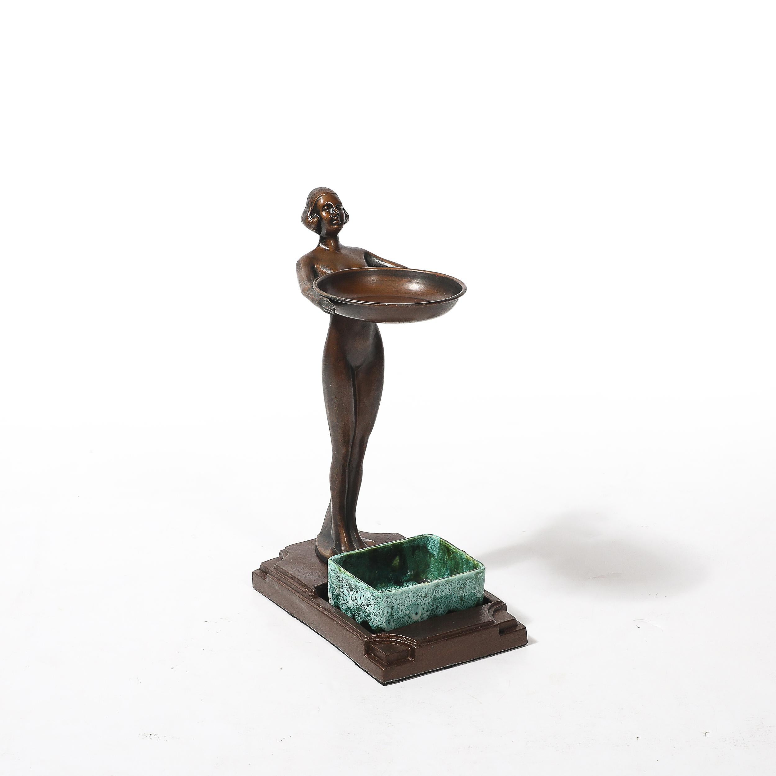Art Deco Patinated Bronze, Olive Green & Jade Ceramic Smoking Stand by FrankArts For Sale 4