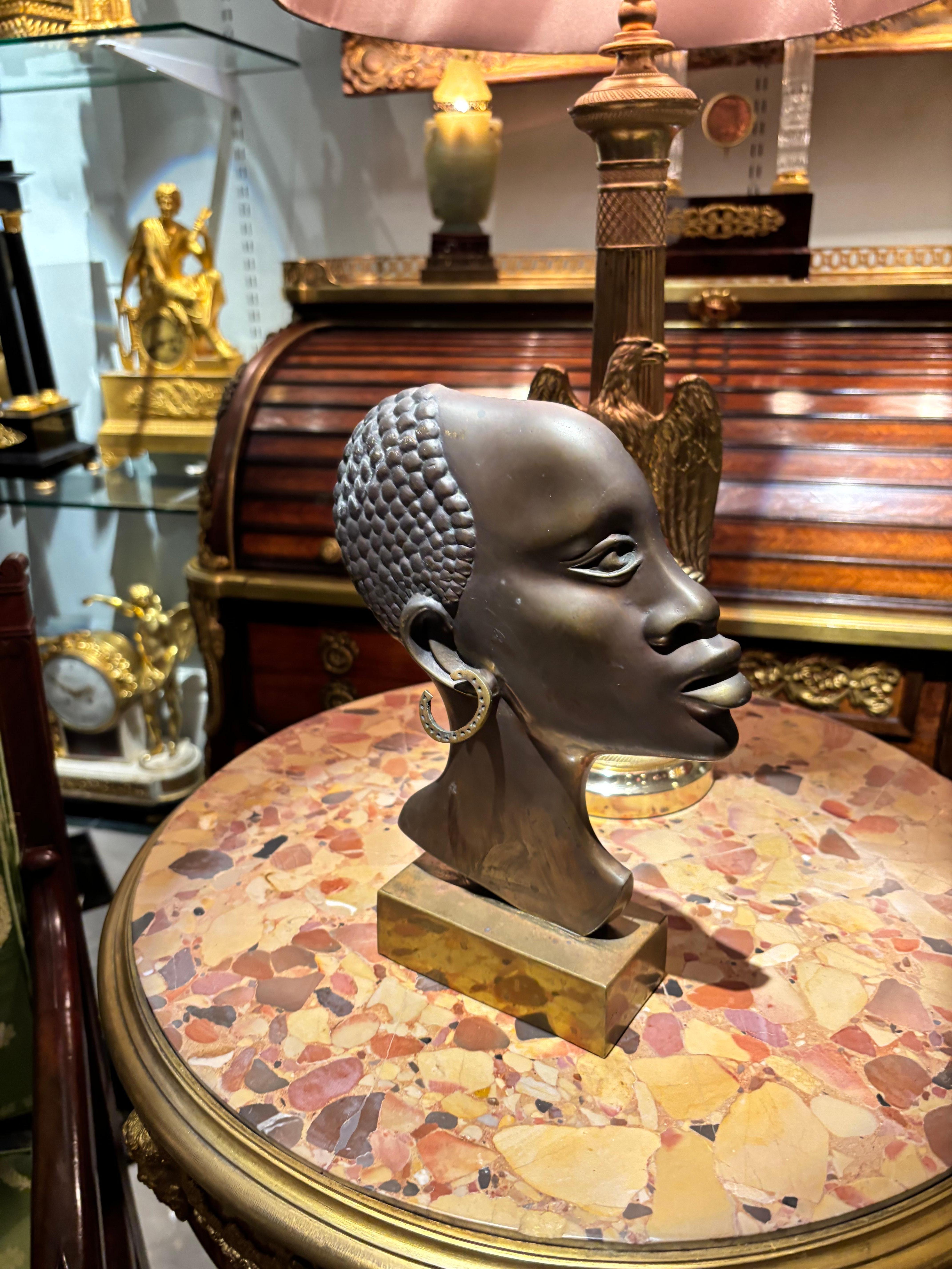 French Art Deco Patinated Bronze Profile Bust of an African Woman For Sale