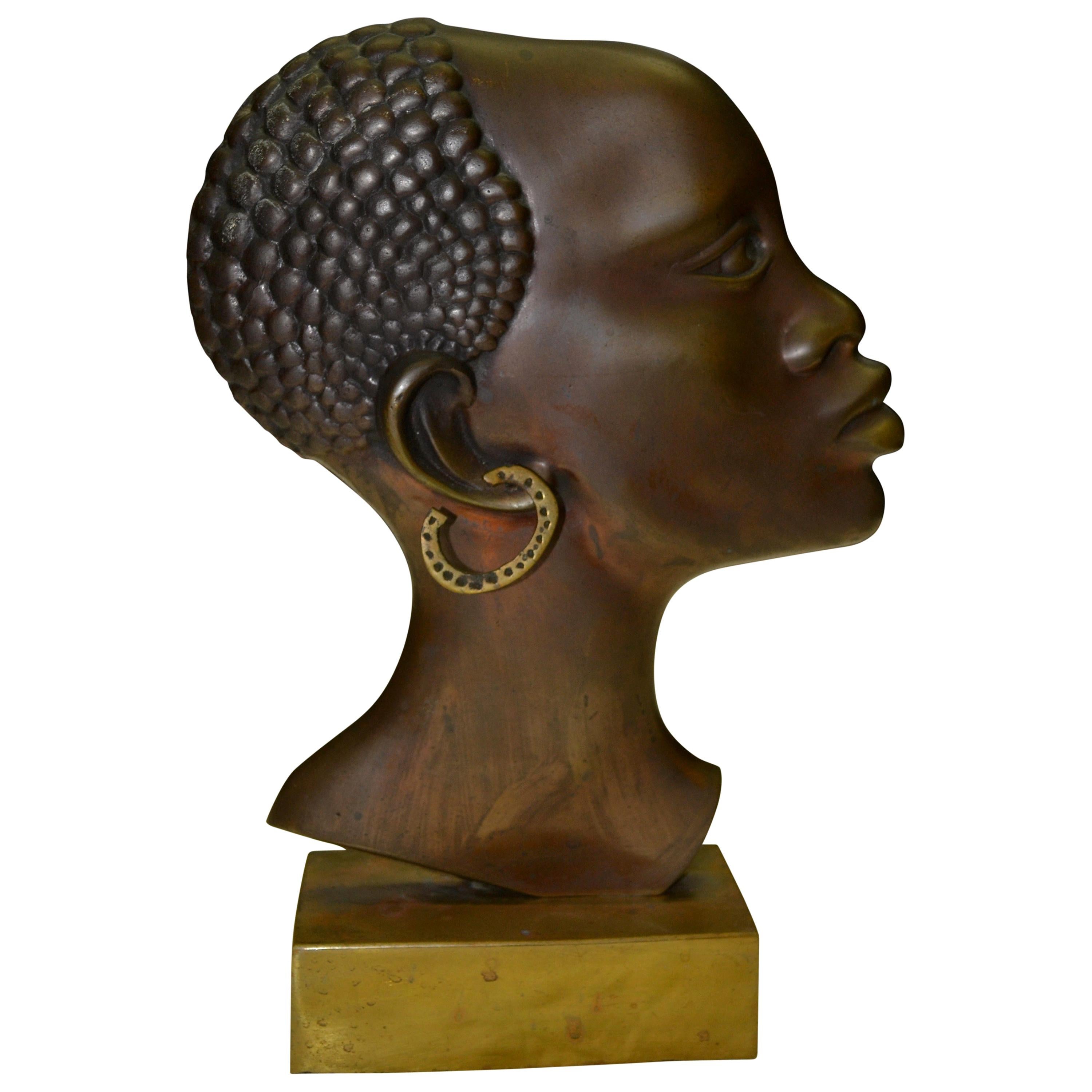 Art Deco Patinated Bronze Profile Bust of an African Woman For Sale