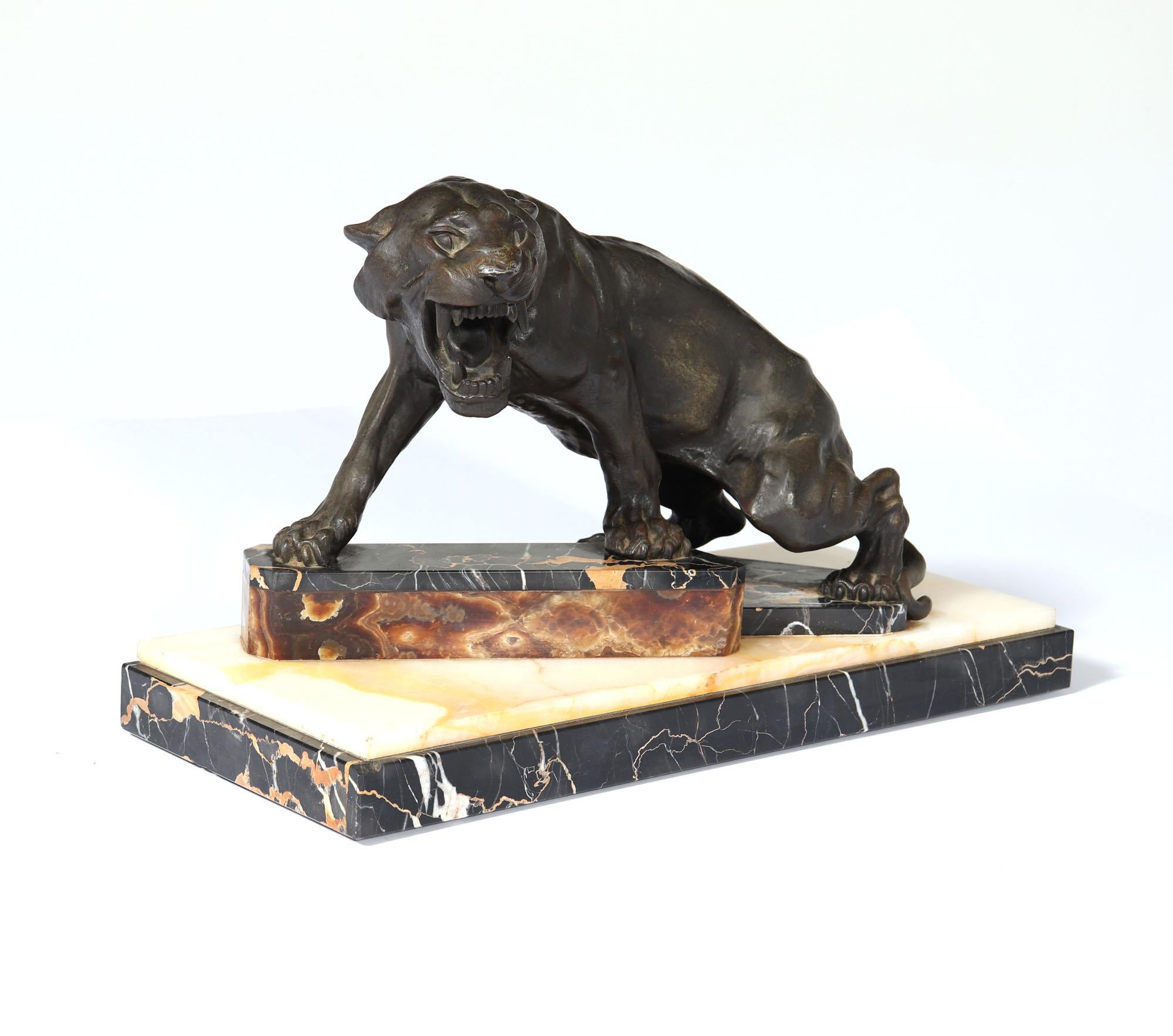French Art Deco Patinated Bronze Tiger on Marble and Onyx For Sale