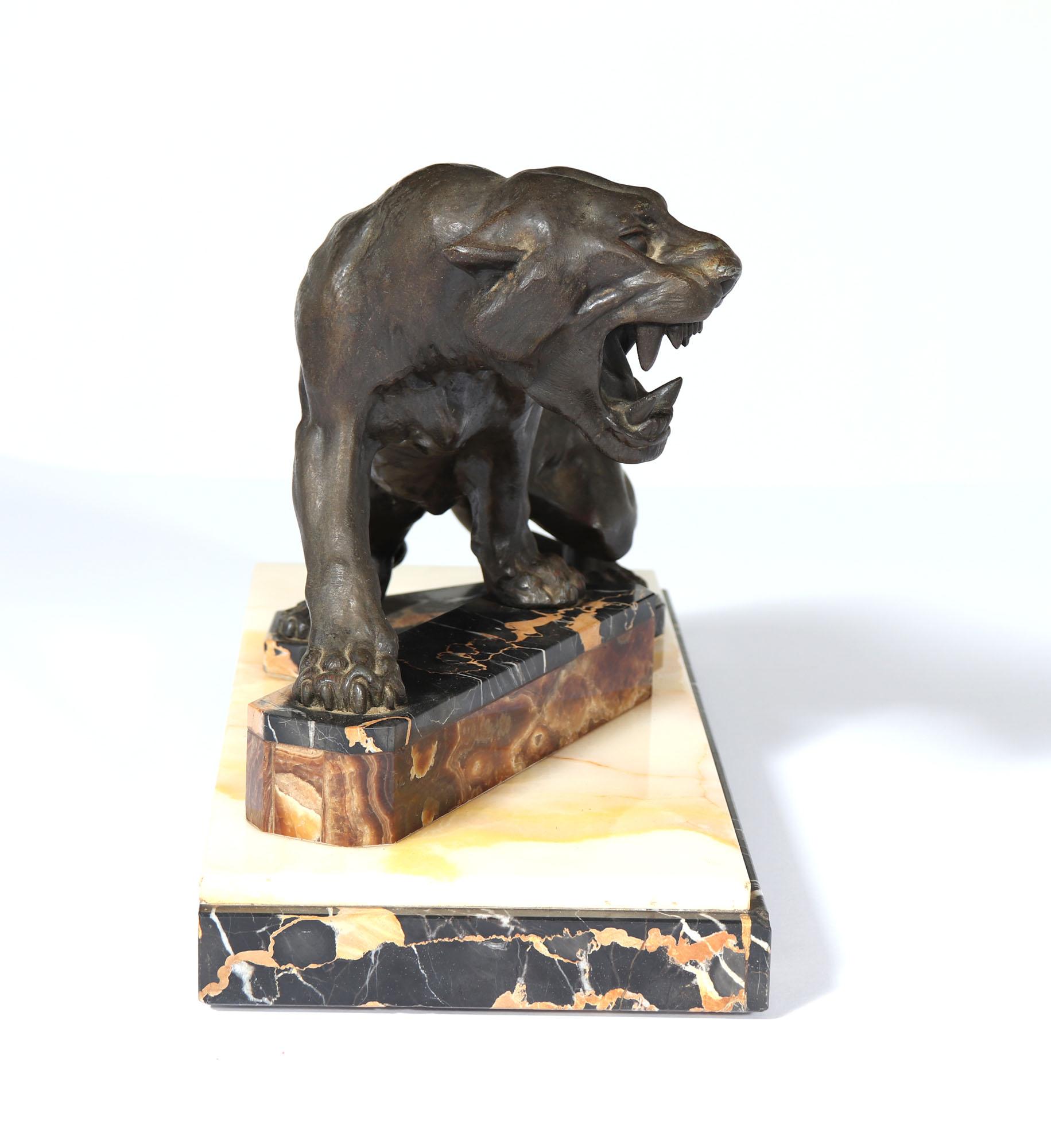 Bronzed Art Deco Patinated Bronze Tiger on Marble and Onyx For Sale
