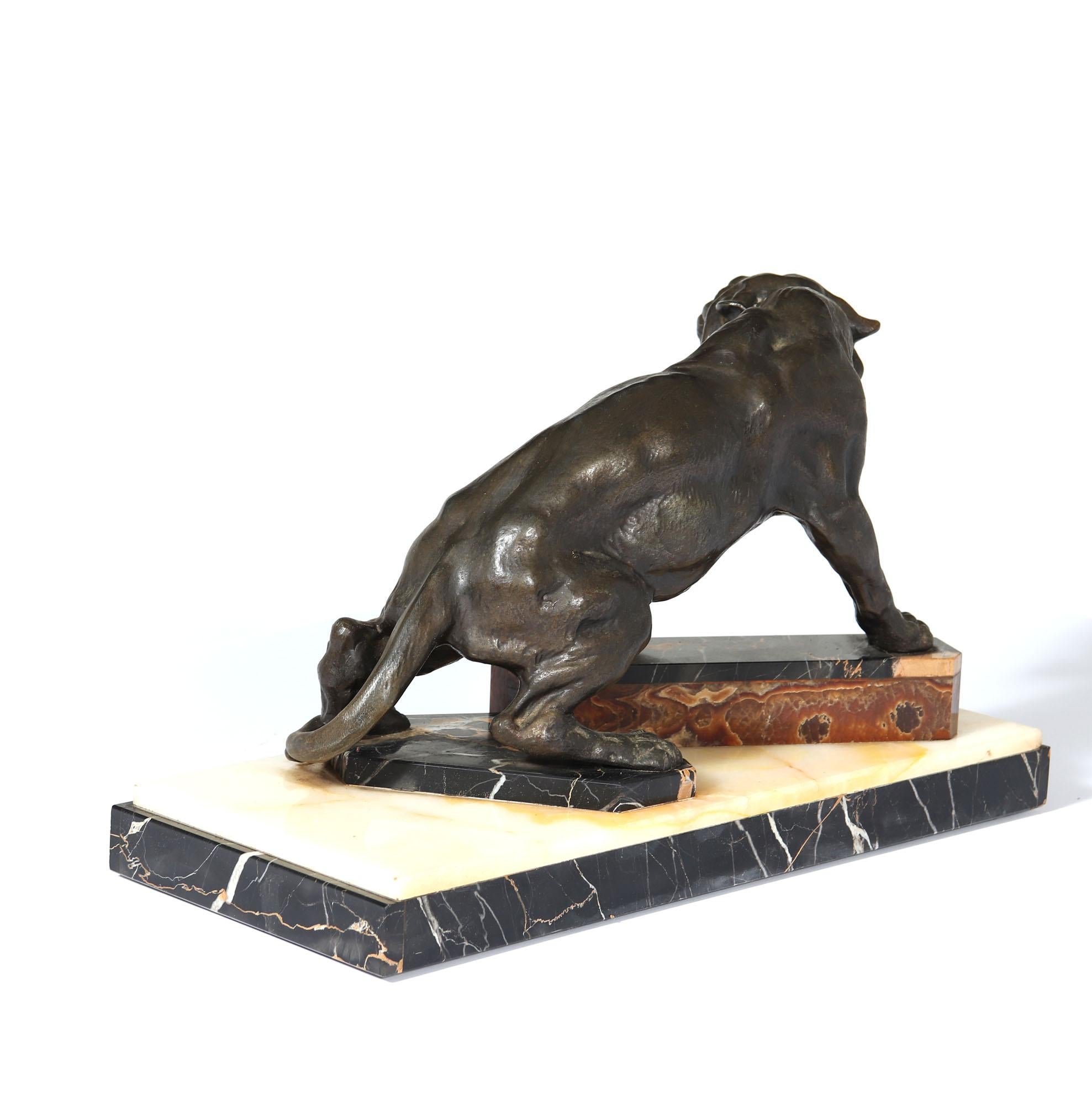 Spelter Art Deco Patinated Bronze Tiger on Marble and Onyx For Sale