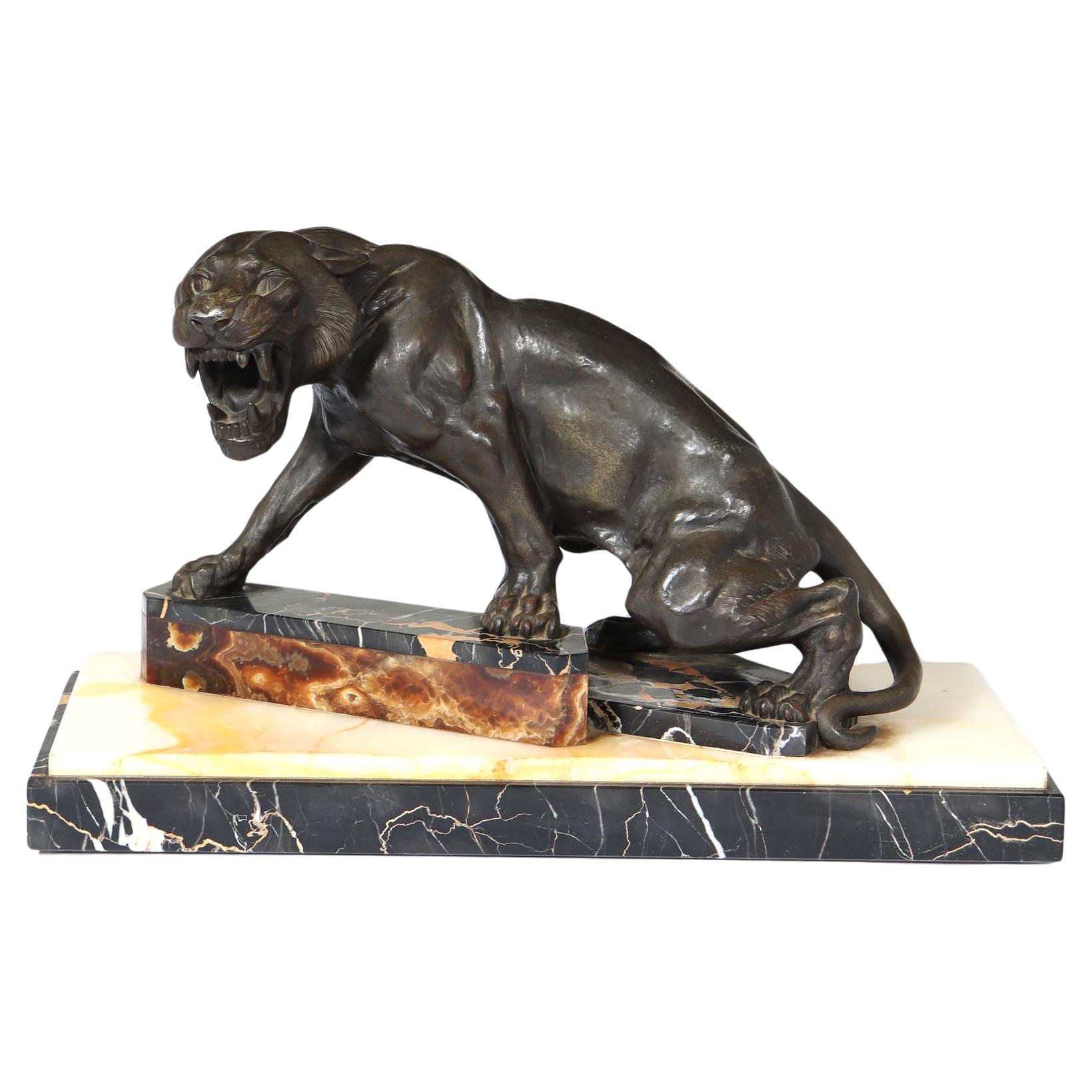 Art Deco Patinated Bronze Tiger on Marble and Onyx For Sale