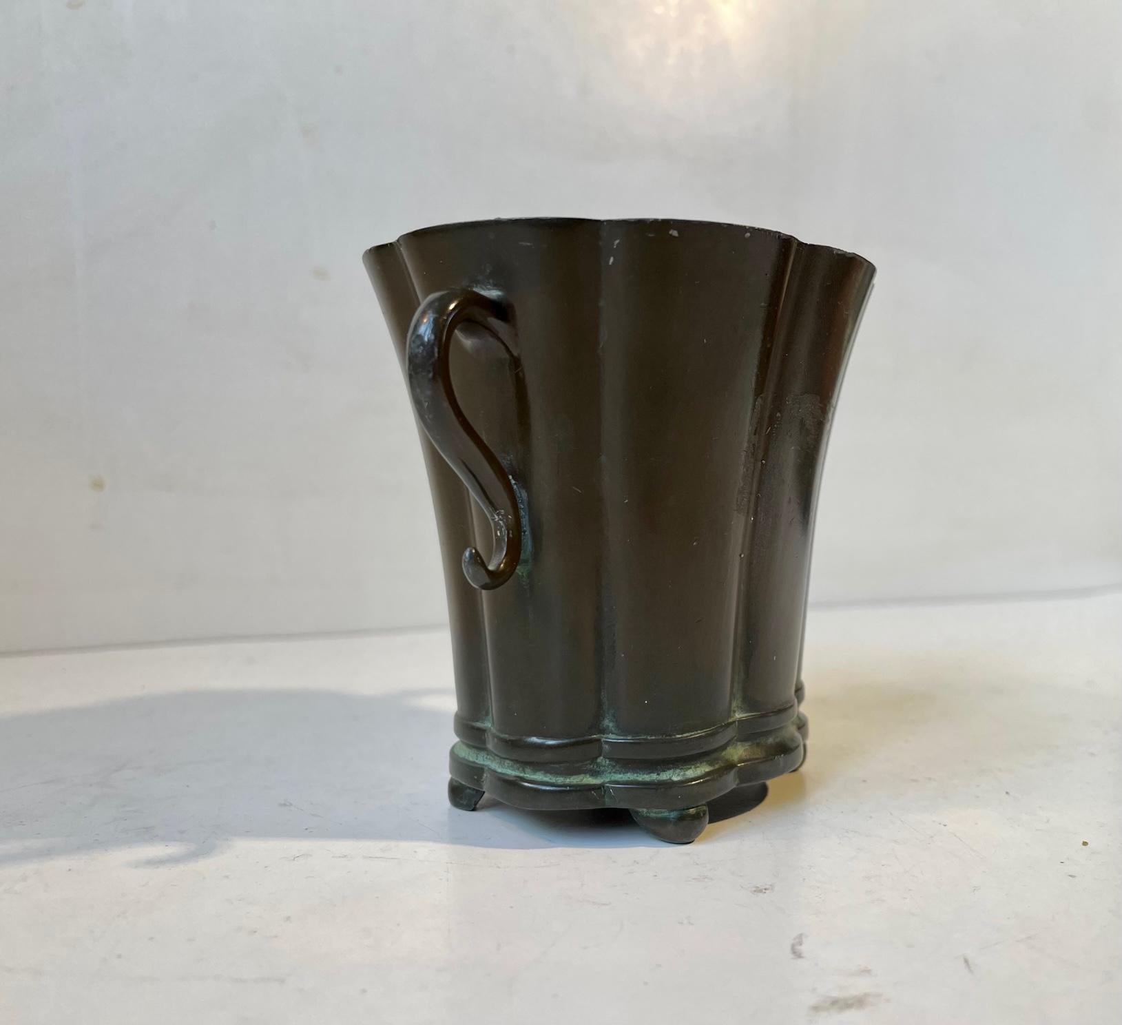 Danish Art Deco Patinated Disco Metal Planter by Just Andersen, 1930s For Sale