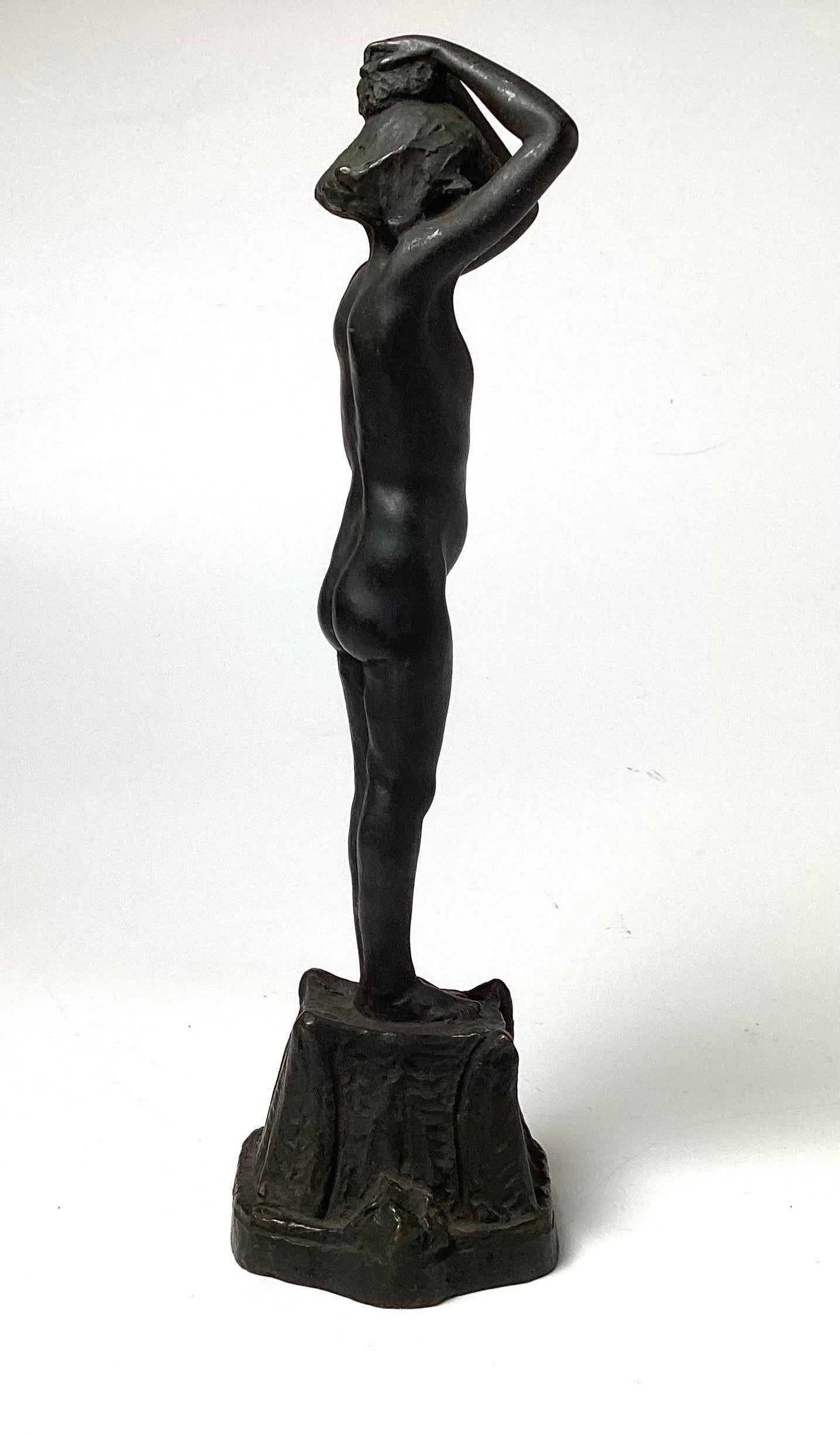 A rare bronze by renowned artist Heinriech Faltermeir (1900-1999).  A sculpture of a young female nude with arms stretched above head, fine detailed casting.  Signed around the bottom base, has original holes at base, to attached to a stone base. 