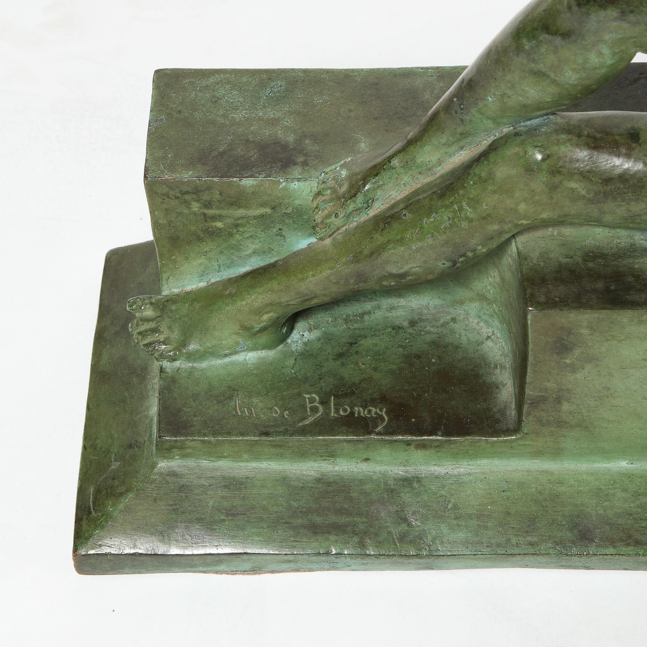 French Art Deco Patinated Figurative Bronze Sculpture Signed Marguerite Anne de Blonay