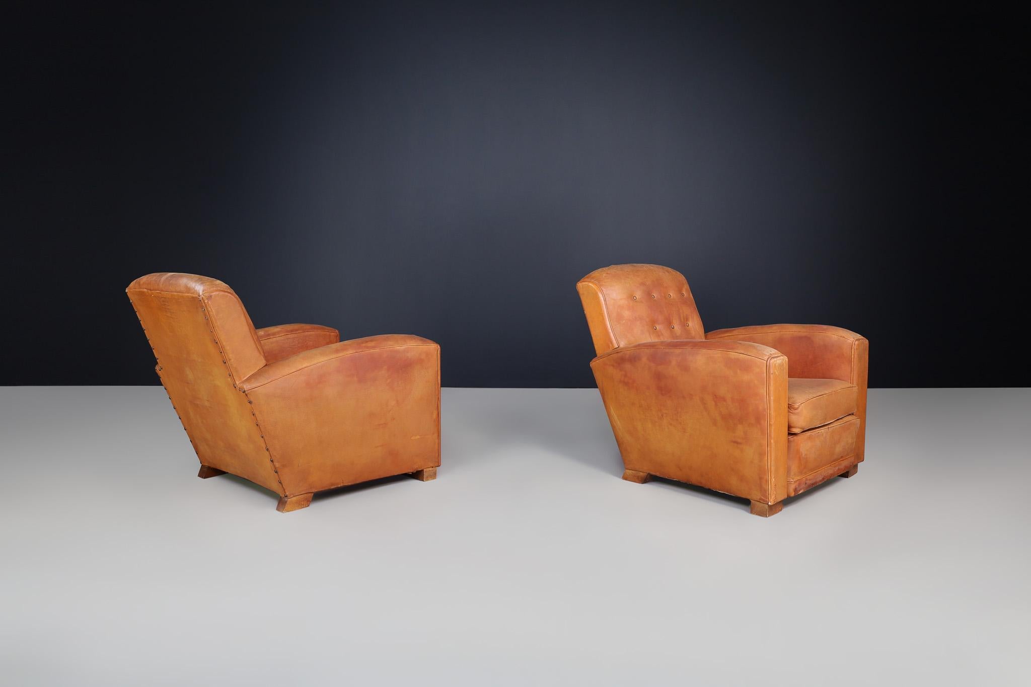 French Art Deco Patinated Leather Lounge Chairs, France, 1940 For Sale