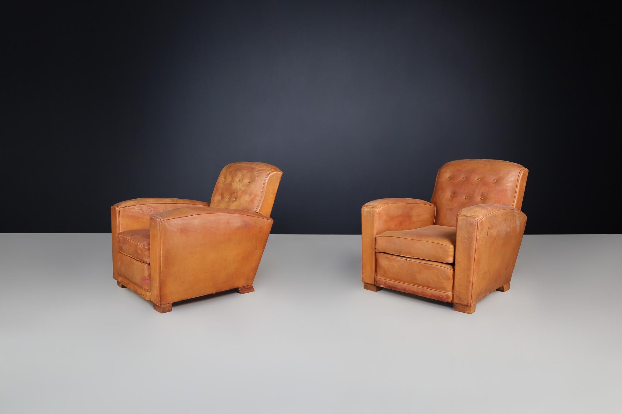 Art Deco Patinated Leather Lounge Chairs, France, 1940 For Sale 1