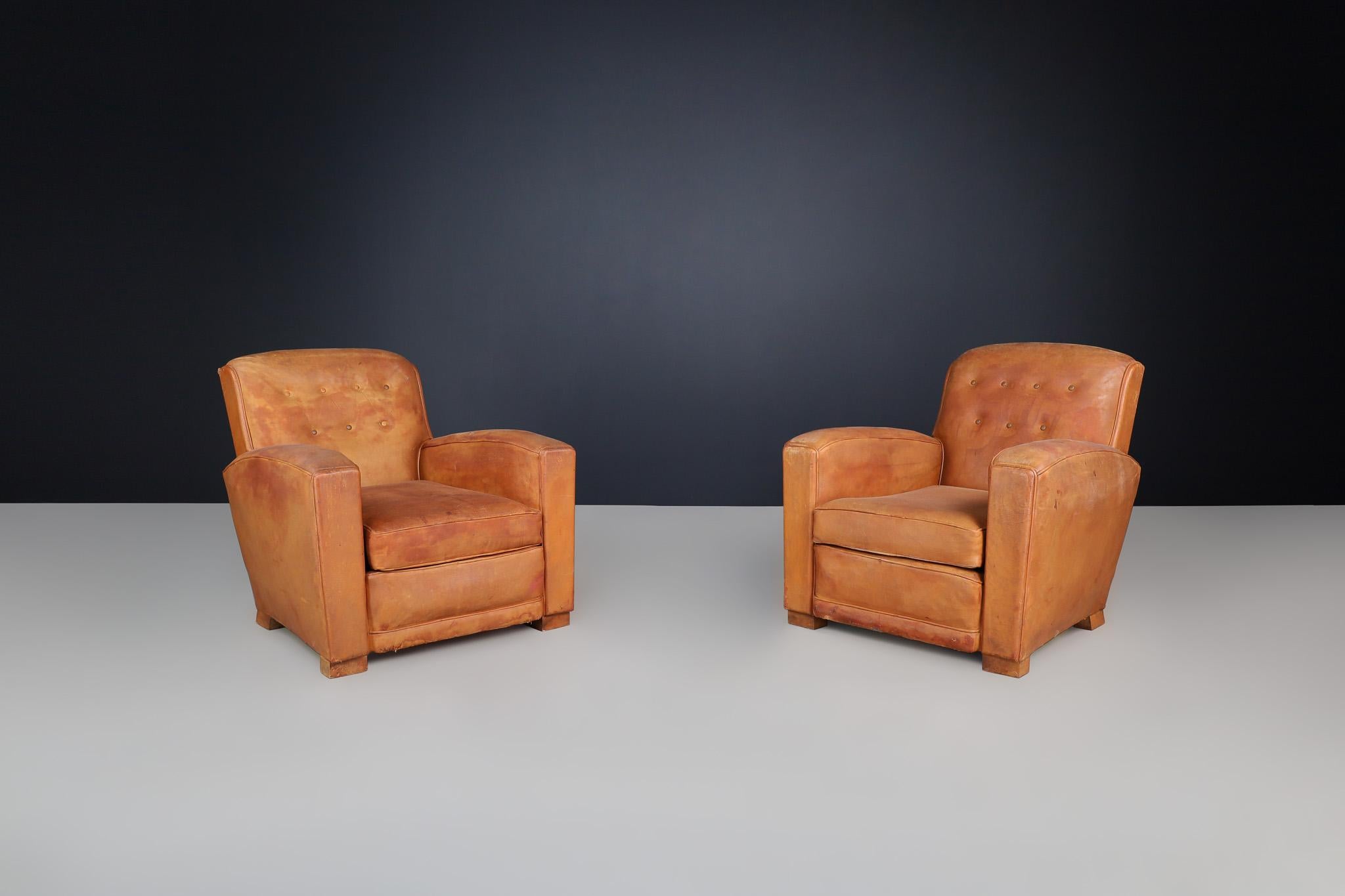 Art Deco Patinated Leather Lounge Chairs, France, 1940 For Sale 2