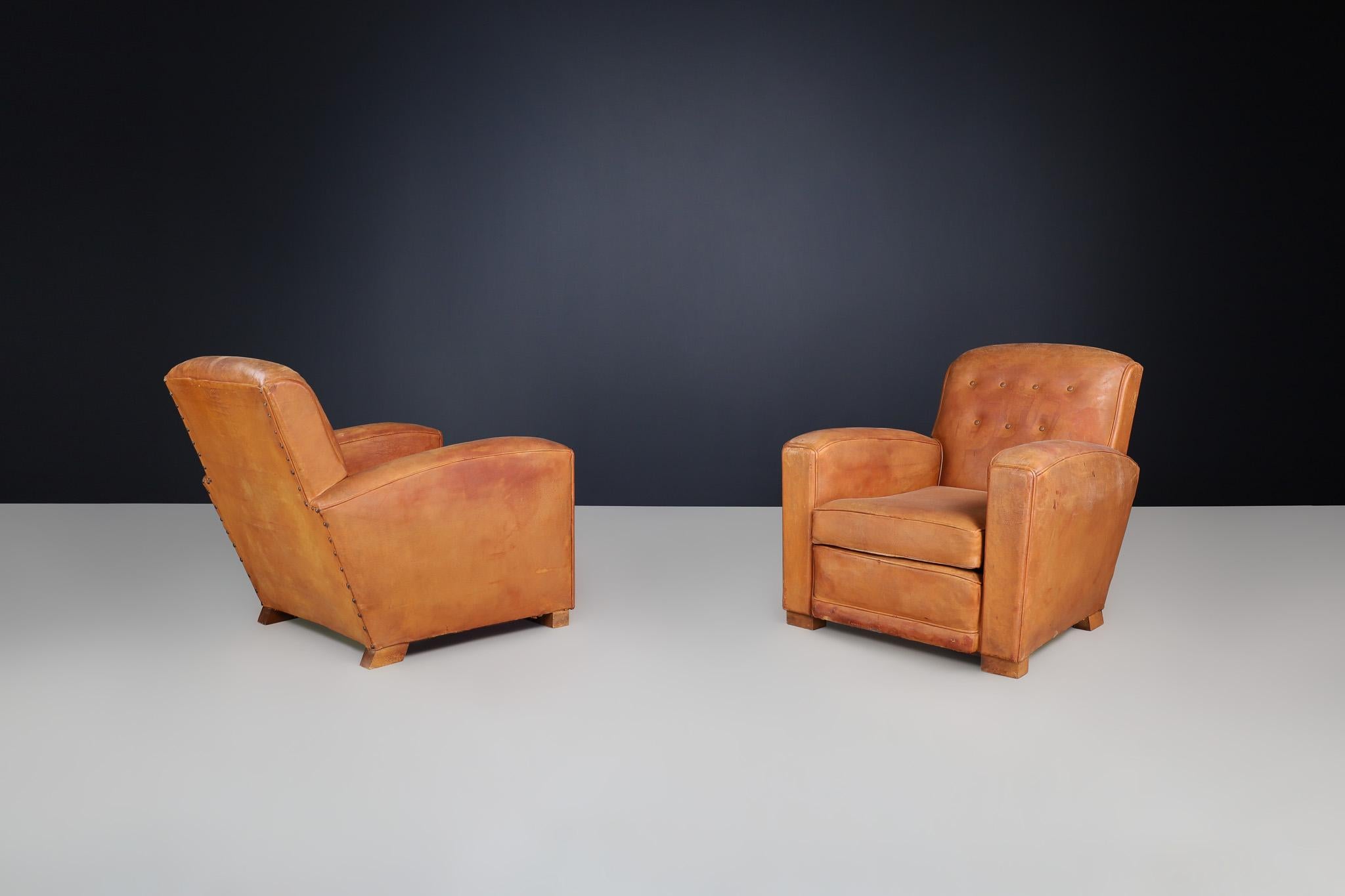 Art Deco Patinated Leather Lounge Chairs, France, 1940 For Sale 3
