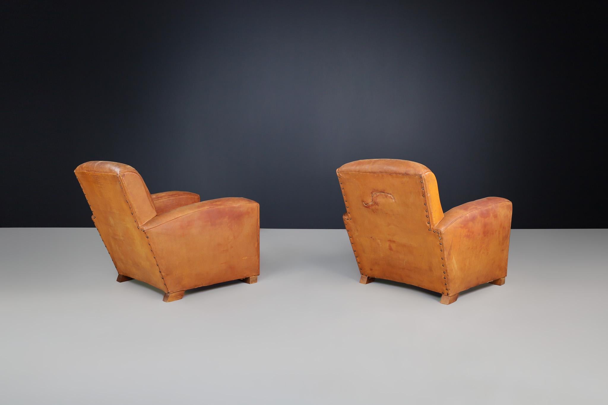 Art Deco Patinated Leather Lounge Chairs, France, 1940 For Sale 4