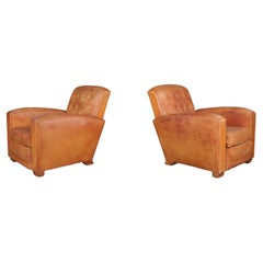 Art Deco Patinated Leather Lounge Chairs, France, 1940