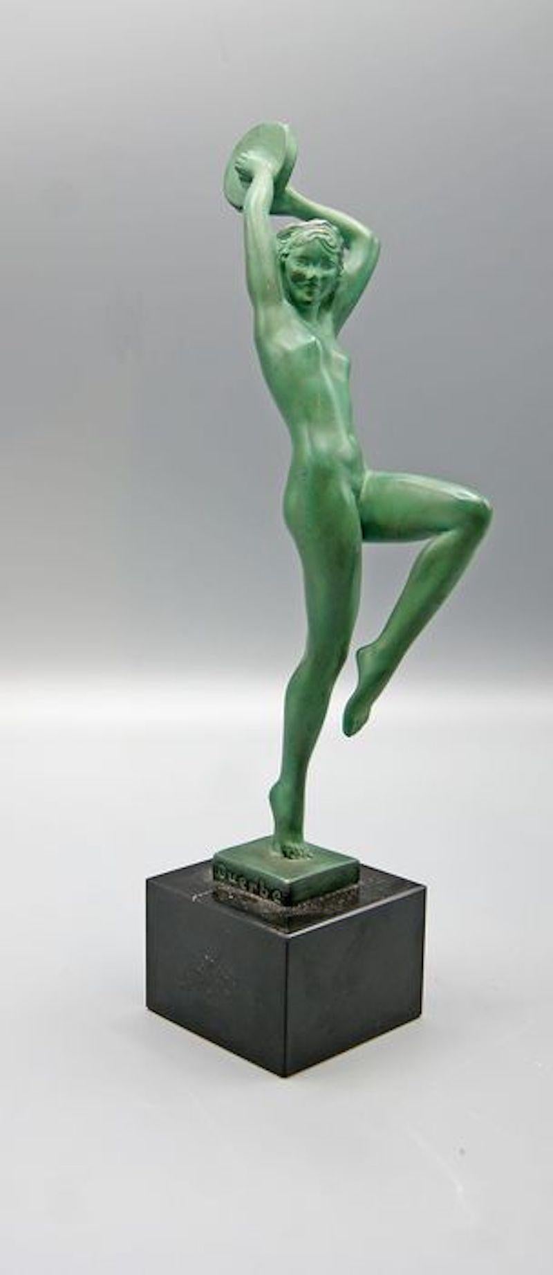 French Art Deco Patinated Metal Dancer Sculpture Black Marble Base by Raymonde Guerbe