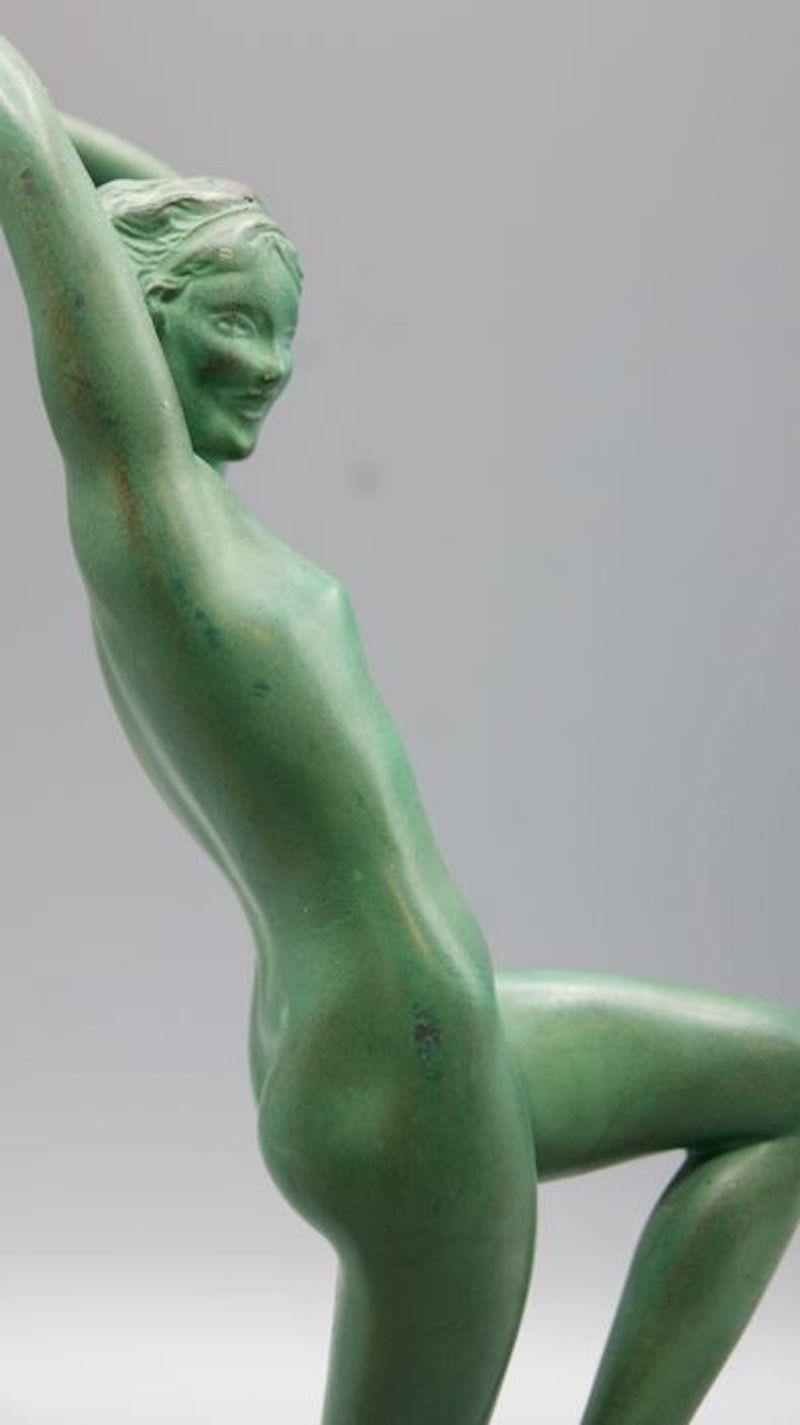 Mid-20th Century Art Deco Patinated Metal Dancer Sculpture Black Marble Base by Raymonde Guerbe