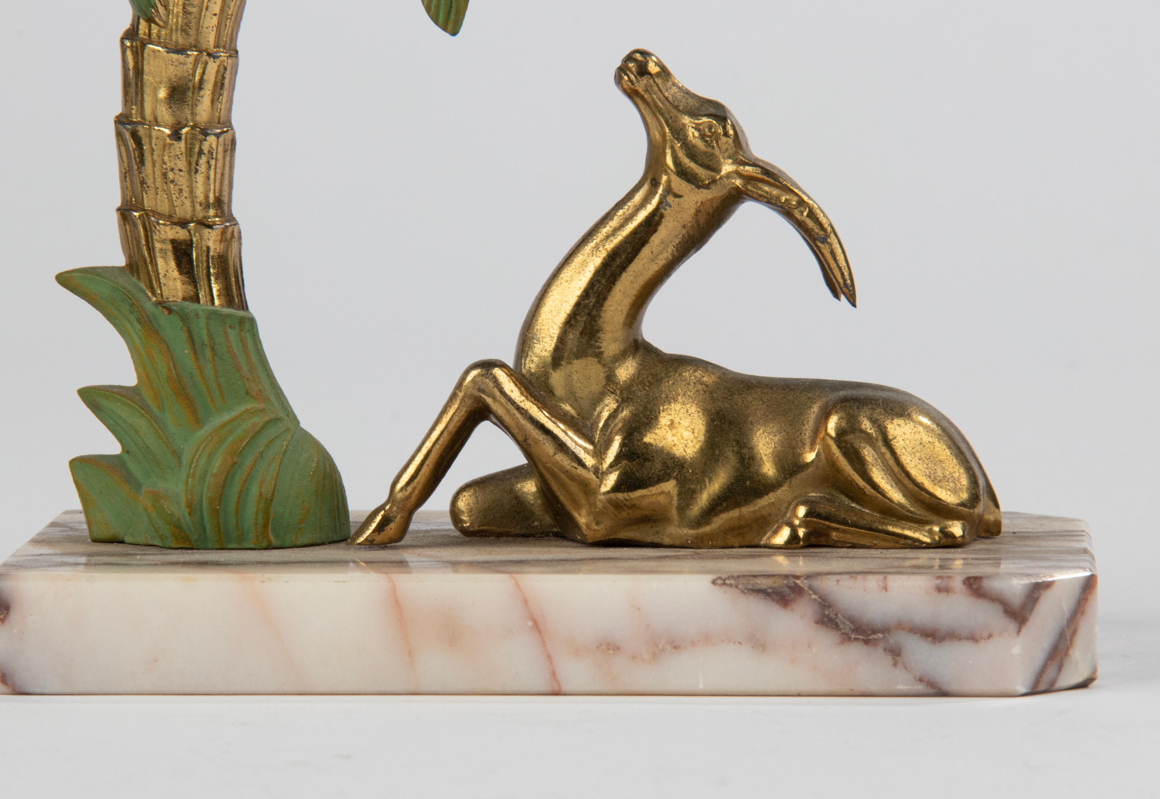 Art Deco Patinated Spelter and Marble Bookends with Gazelle Deer and Palmtree For Sale 6