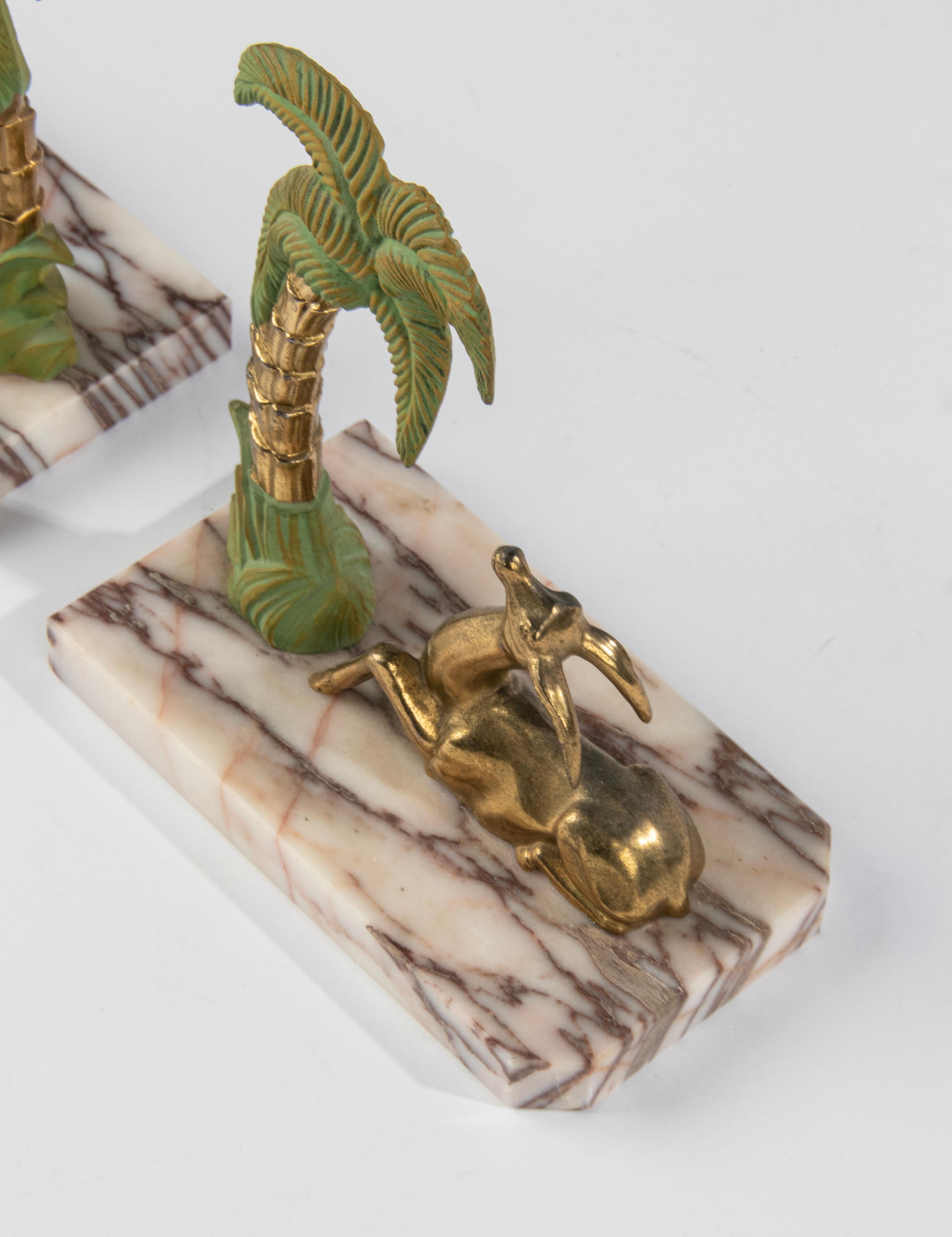 Art Deco Patinated Spelter and Marble Bookends with Gazelle Deer and Palmtree For Sale 7