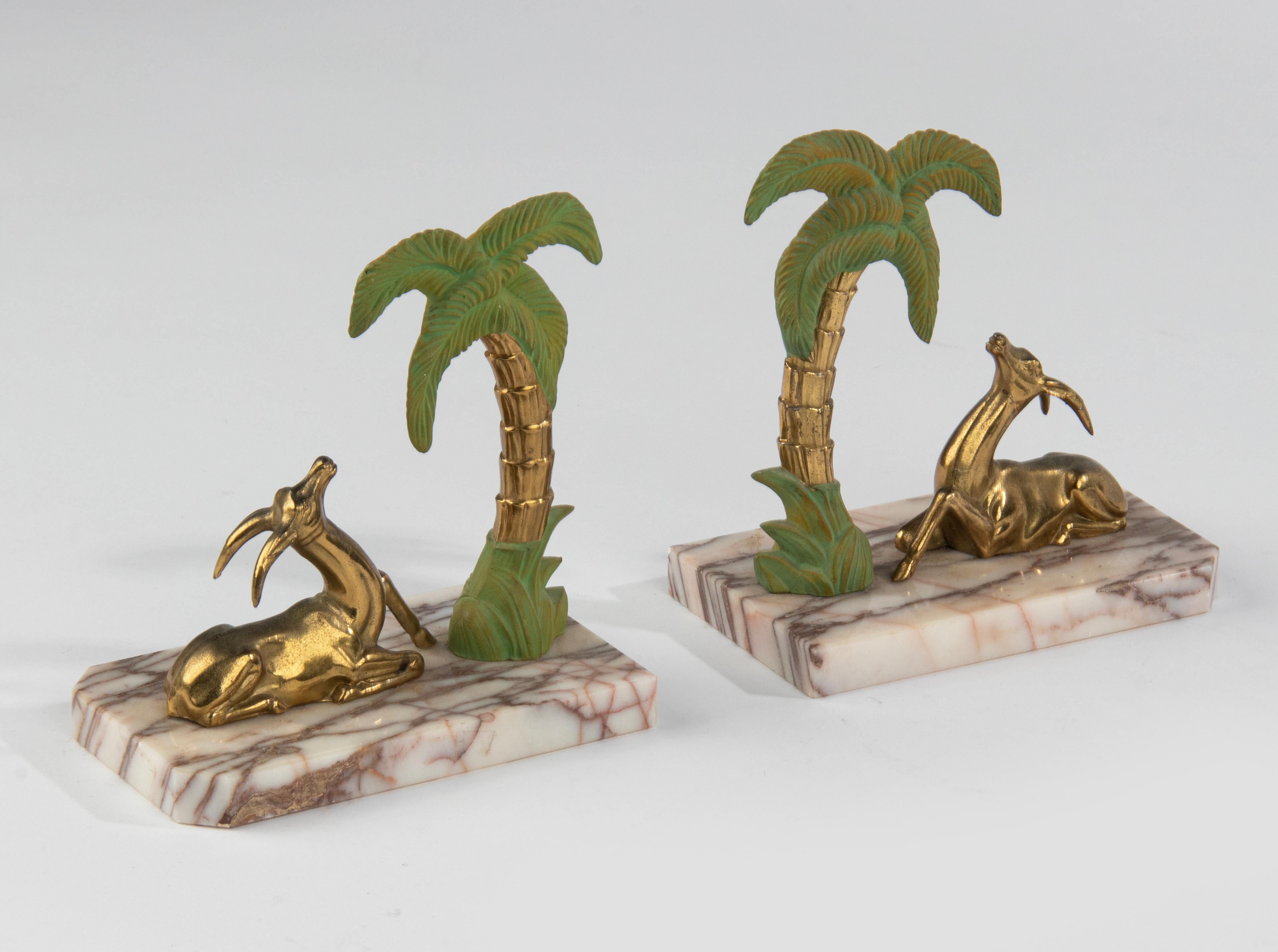 Art Deco Patinated Spelter and Marble Bookends with Gazelle Deer and Palmtree For Sale 8