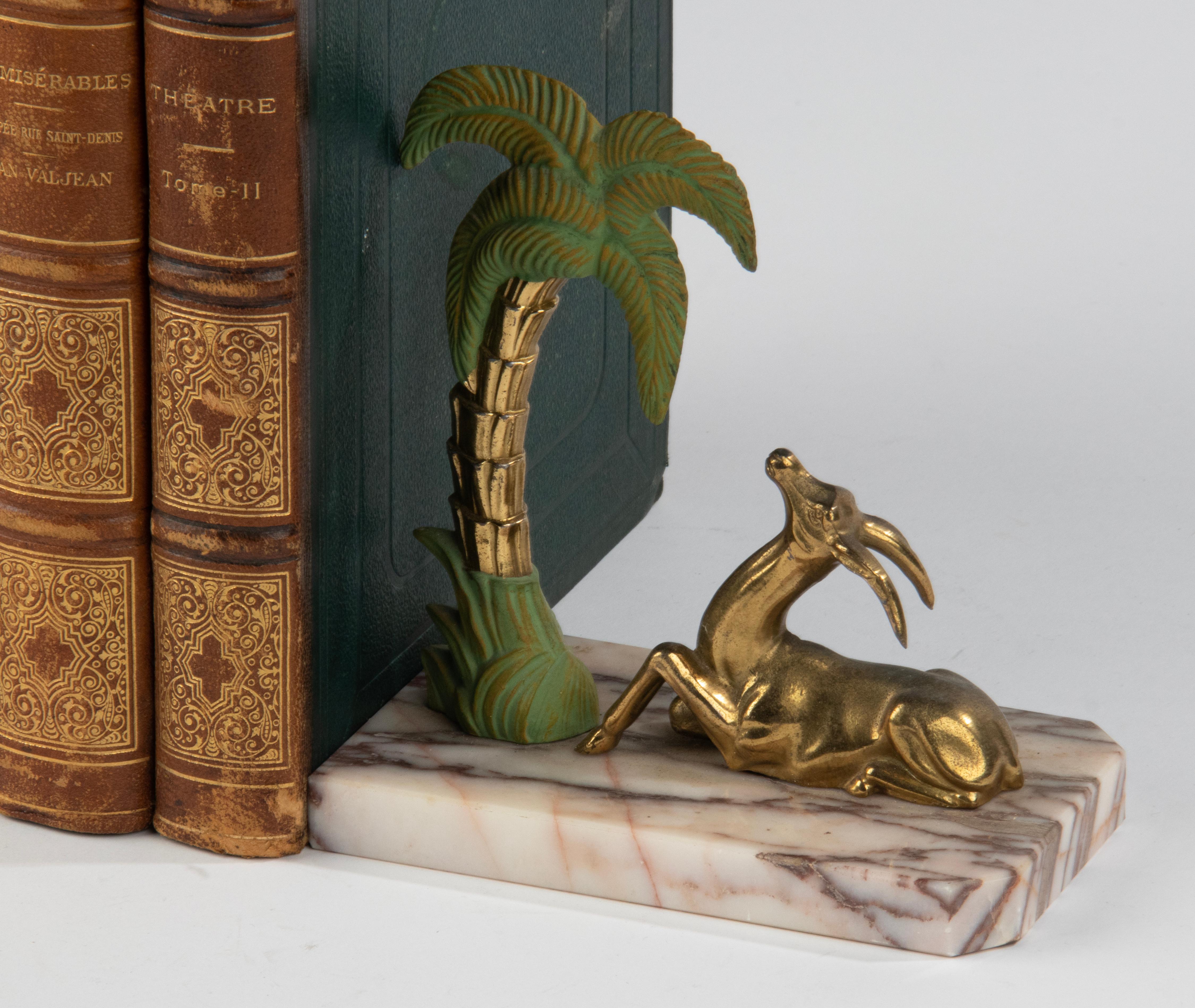 Art Deco Patinated Spelter and Marble Bookends with Gazelle Deer and Palmtree For Sale 9