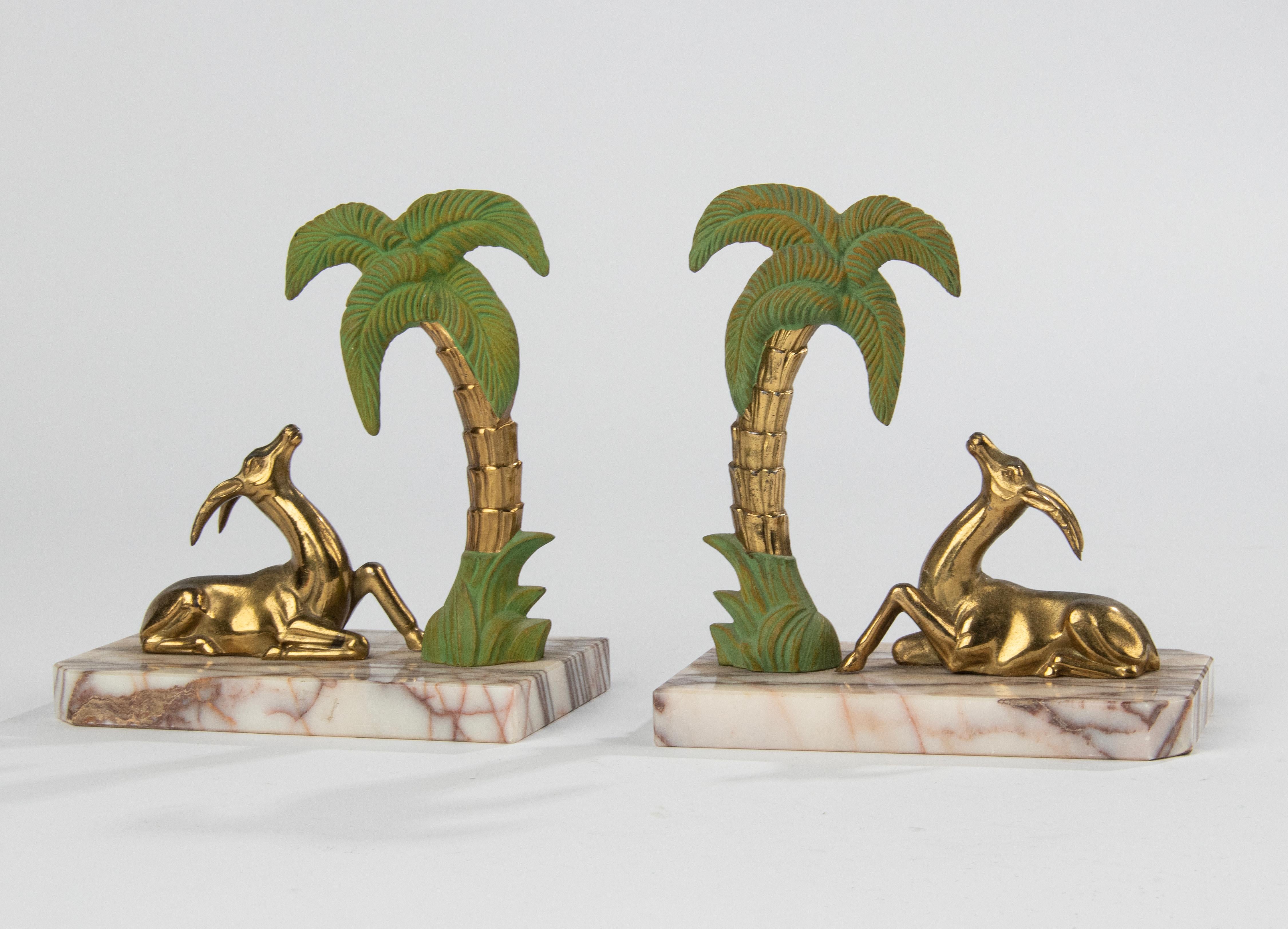Art Deco Patinated Spelter and Marble Bookends with Gazelle Deer and Palmtree For Sale 10
