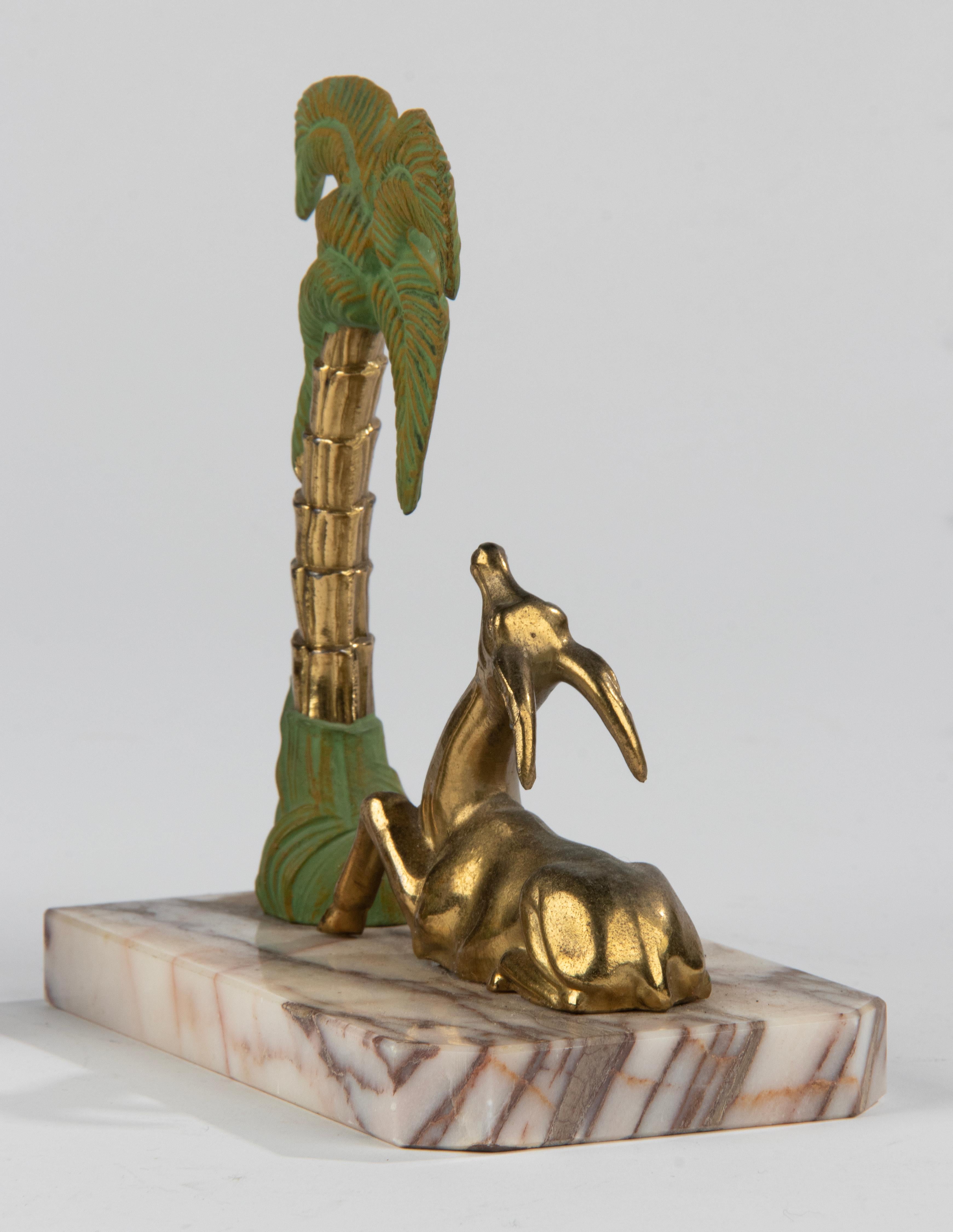 Art Deco Patinated Spelter and Marble Bookends with Gazelle Deer and Palmtree For Sale 11