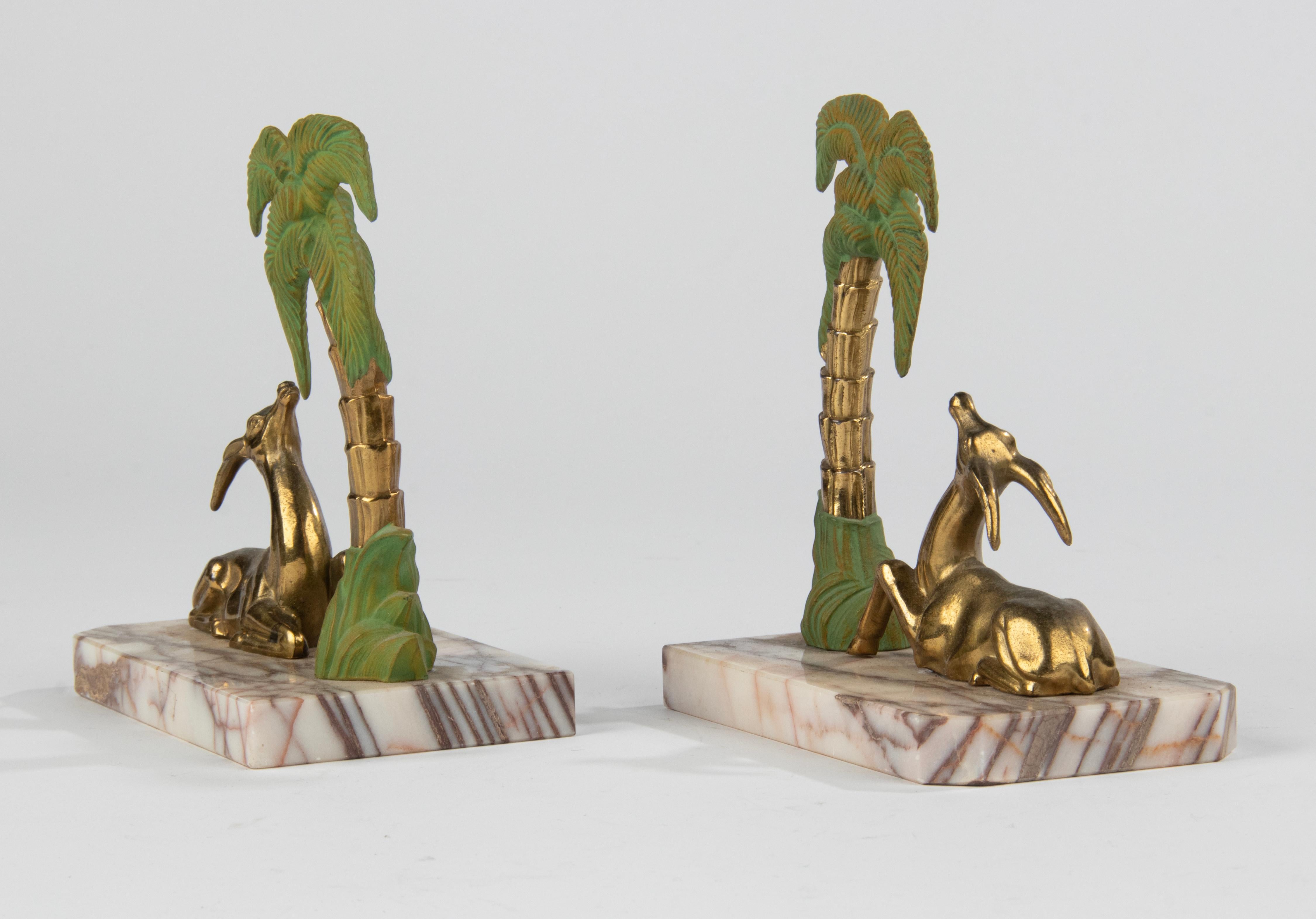 Art Deco Patinated Spelter and Marble Bookends with Gazelle Deer and Palmtree For Sale 1