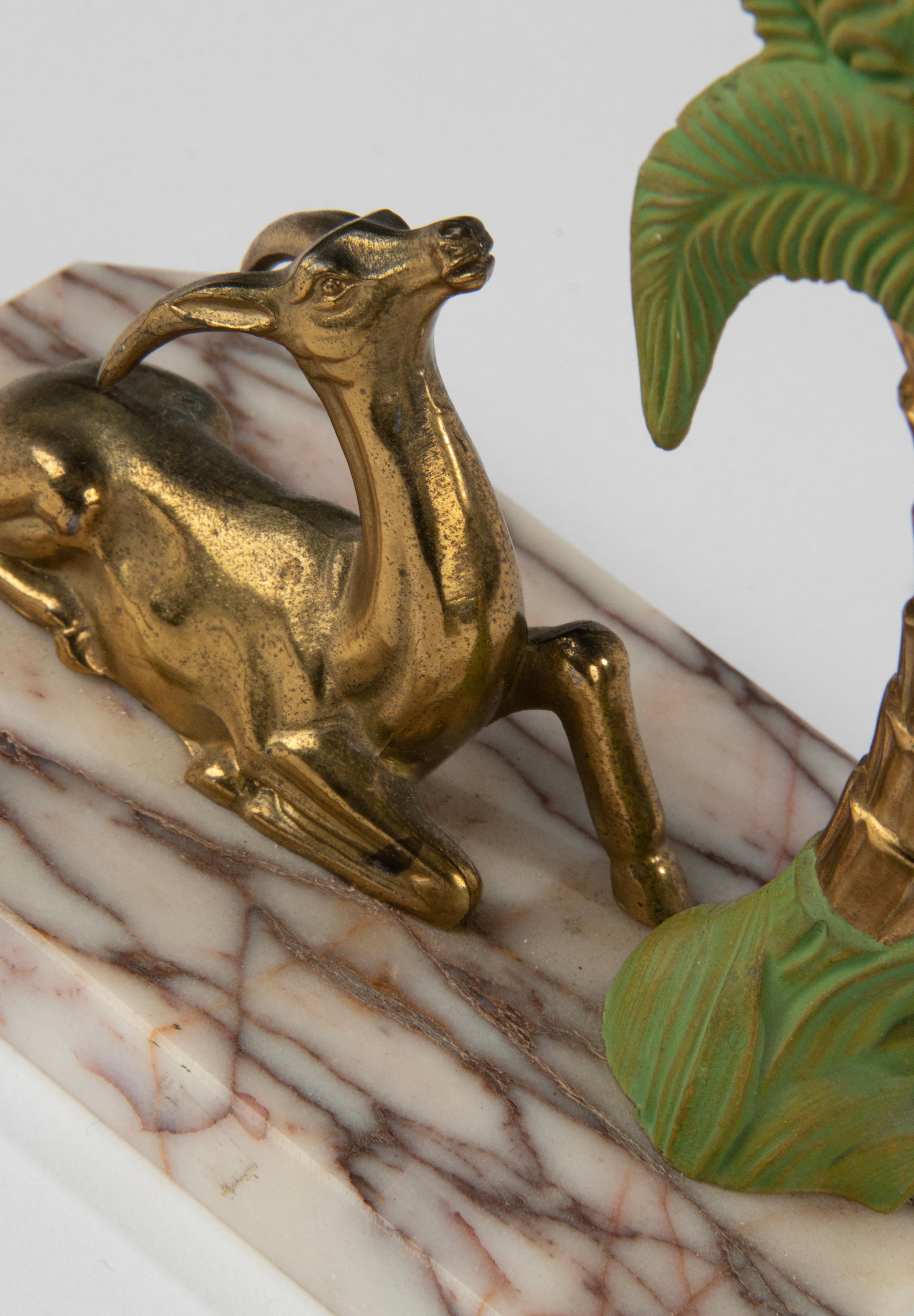 Art Deco Patinated Spelter and Marble Bookends with Gazelle Deer and Palmtree For Sale 2