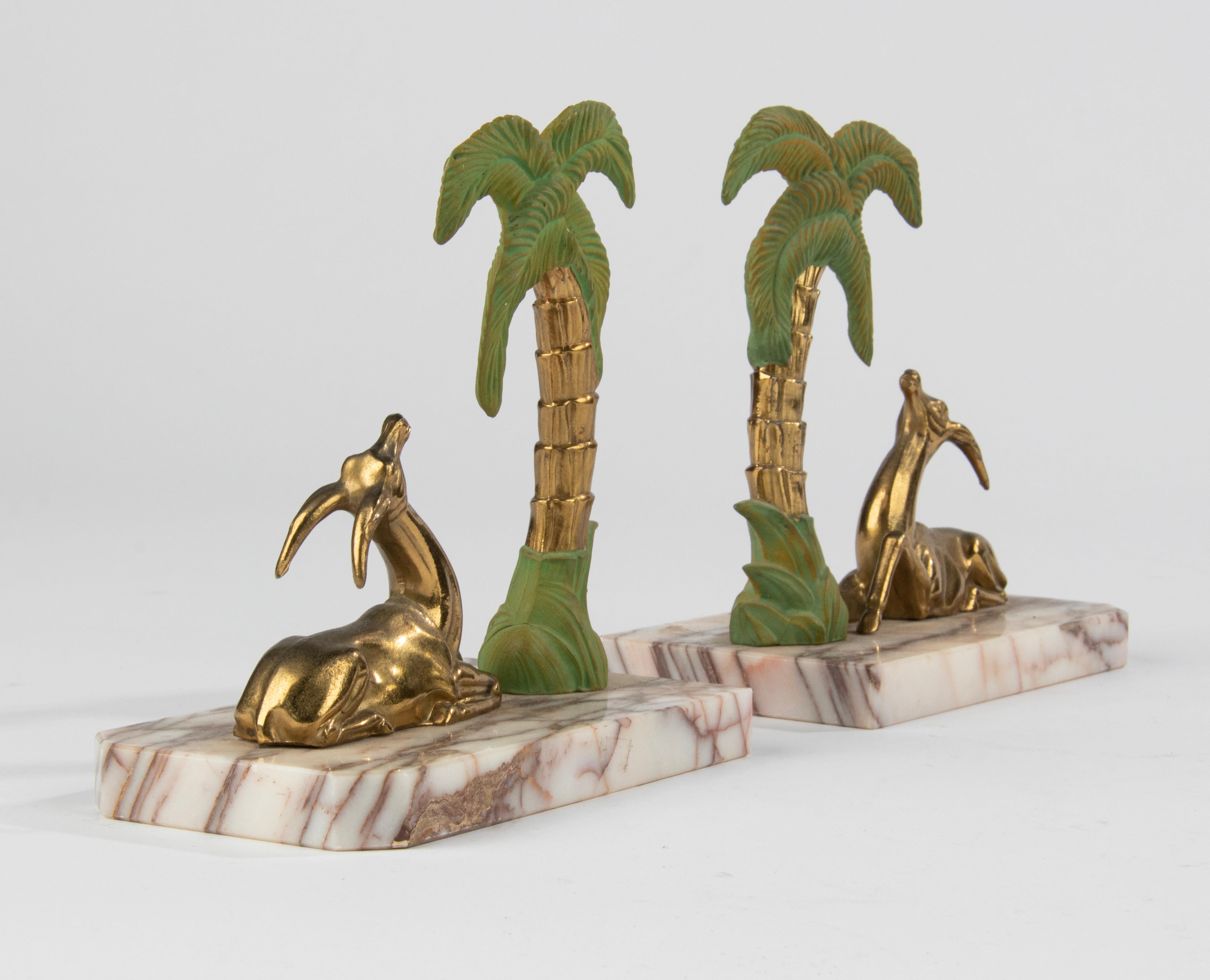 Art Deco Patinated Spelter and Marble Bookends with Gazelle Deer and Palmtree For Sale 3