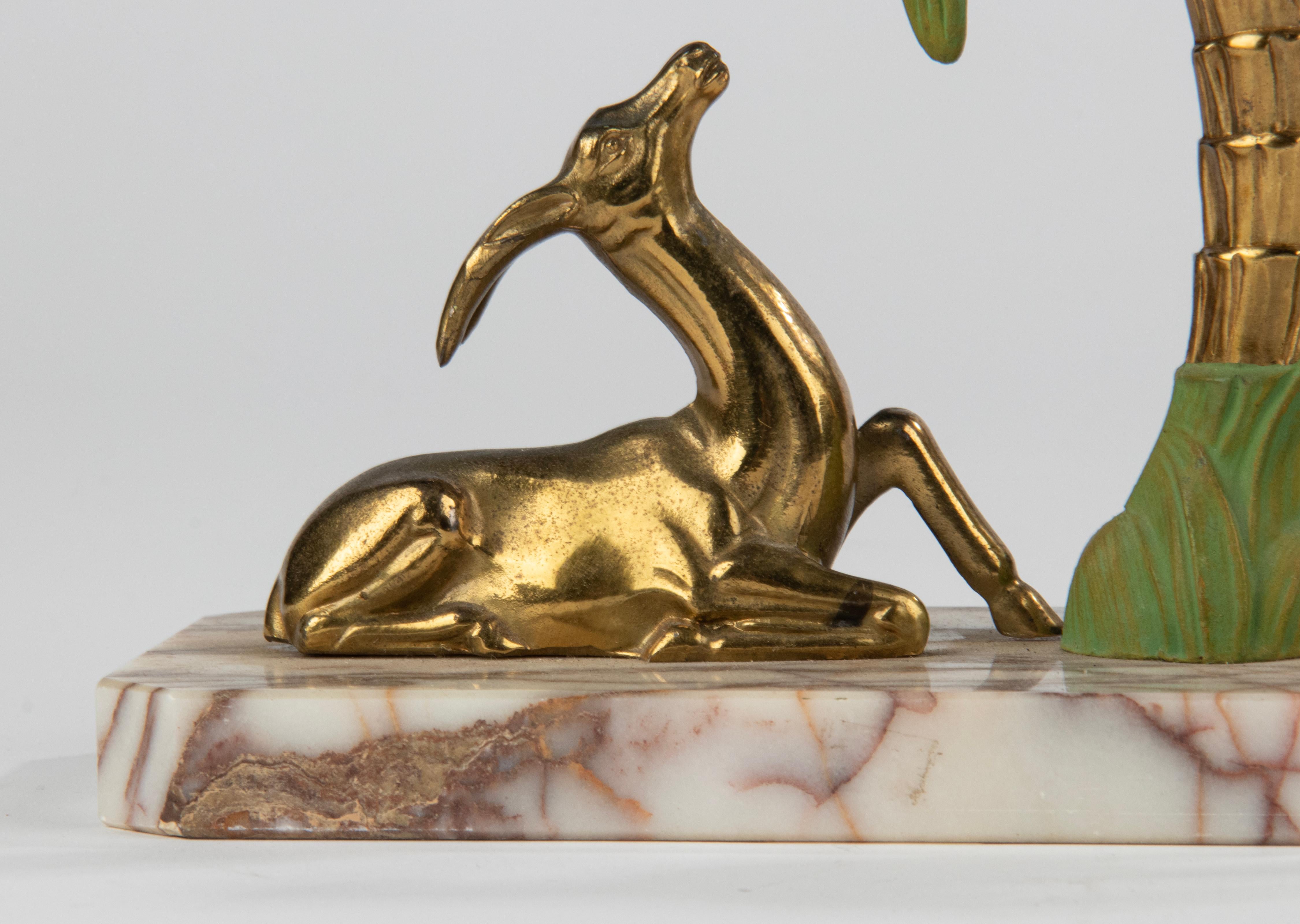 Art Deco Patinated Spelter and Marble Bookends with Gazelle Deer and Palmtree For Sale 4