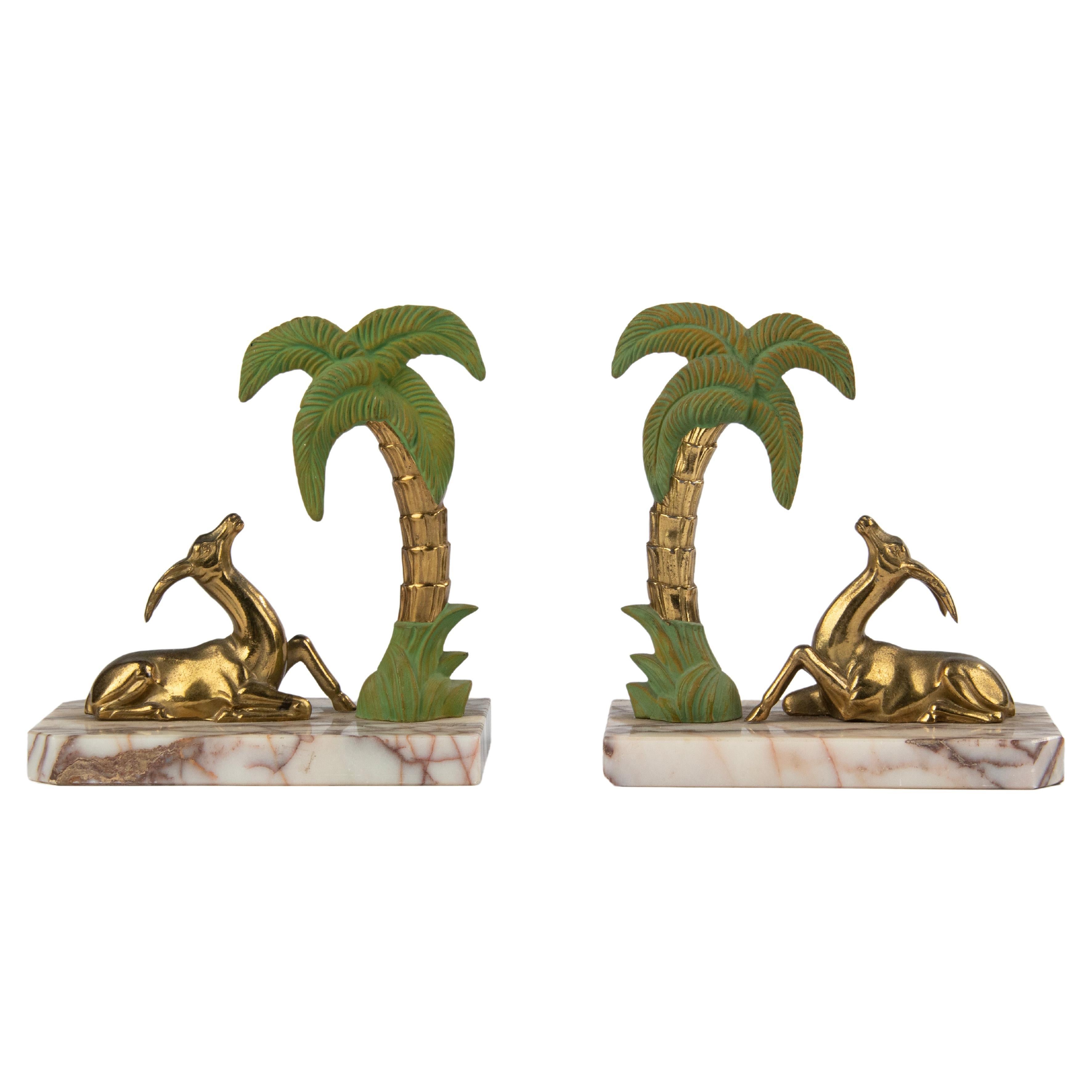 Art Deco Patinated Spelter and Marble Bookends with Gazelle Deer and Palmtree For Sale