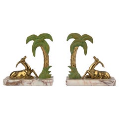 Art Deco Patinated Spelter and Marble Bookends with Gazelle Deer and Palmtree