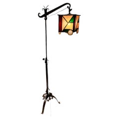Art Deco Patinated Wrought Iron Floor Lamp with Stained Glass Shade, 1930s