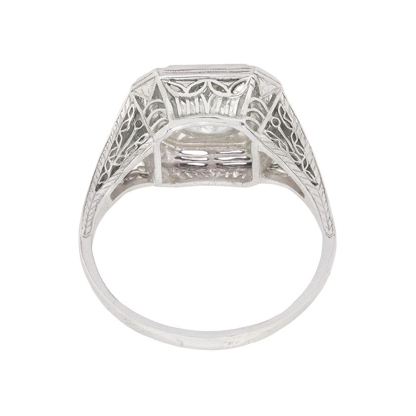 Old European Cut Art Deco Patterned Diamond Solitaire Engagement Ring For Sale