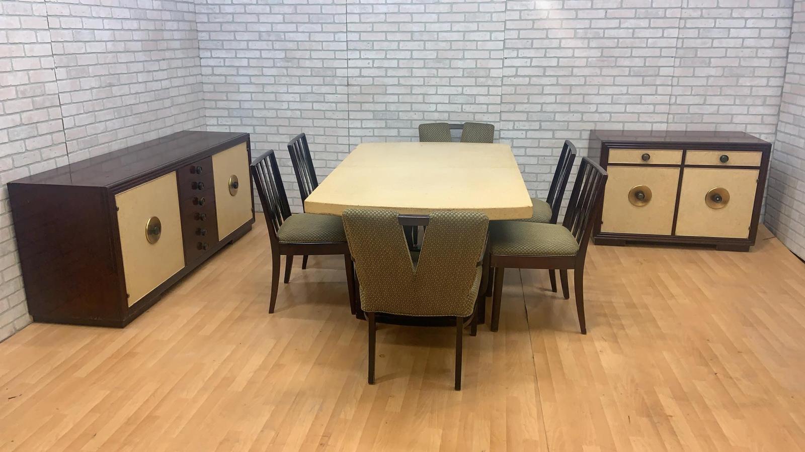 Art Deco Paul Frankl for Johnson Furniture Mahogany and Cork Dining 9 Piece Set For Sale 4