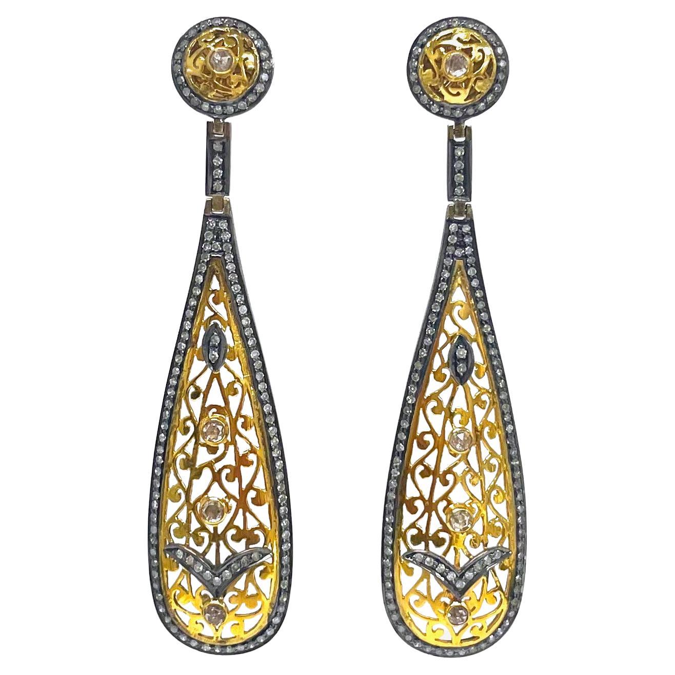 Women's Art Deco Pave and Rose Cut Diamond Earrings For Sale