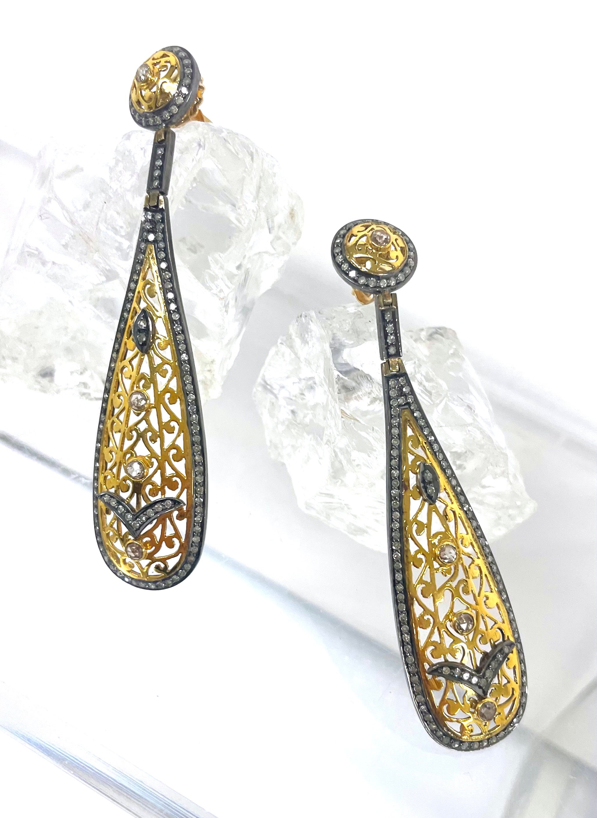 Art Deco Pave and Rose Cut Diamond Earrings For Sale 1