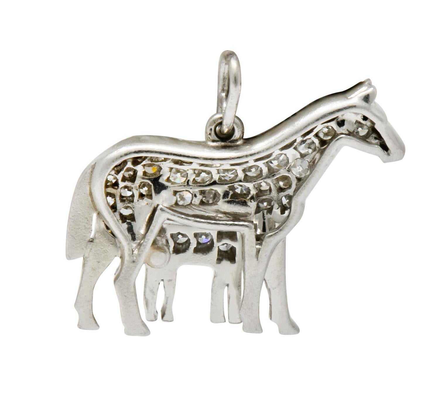 Art Deco Pave Diamond Platinum Mother Horse and Baby Foal Charm In Excellent Condition For Sale In Philadelphia, PA