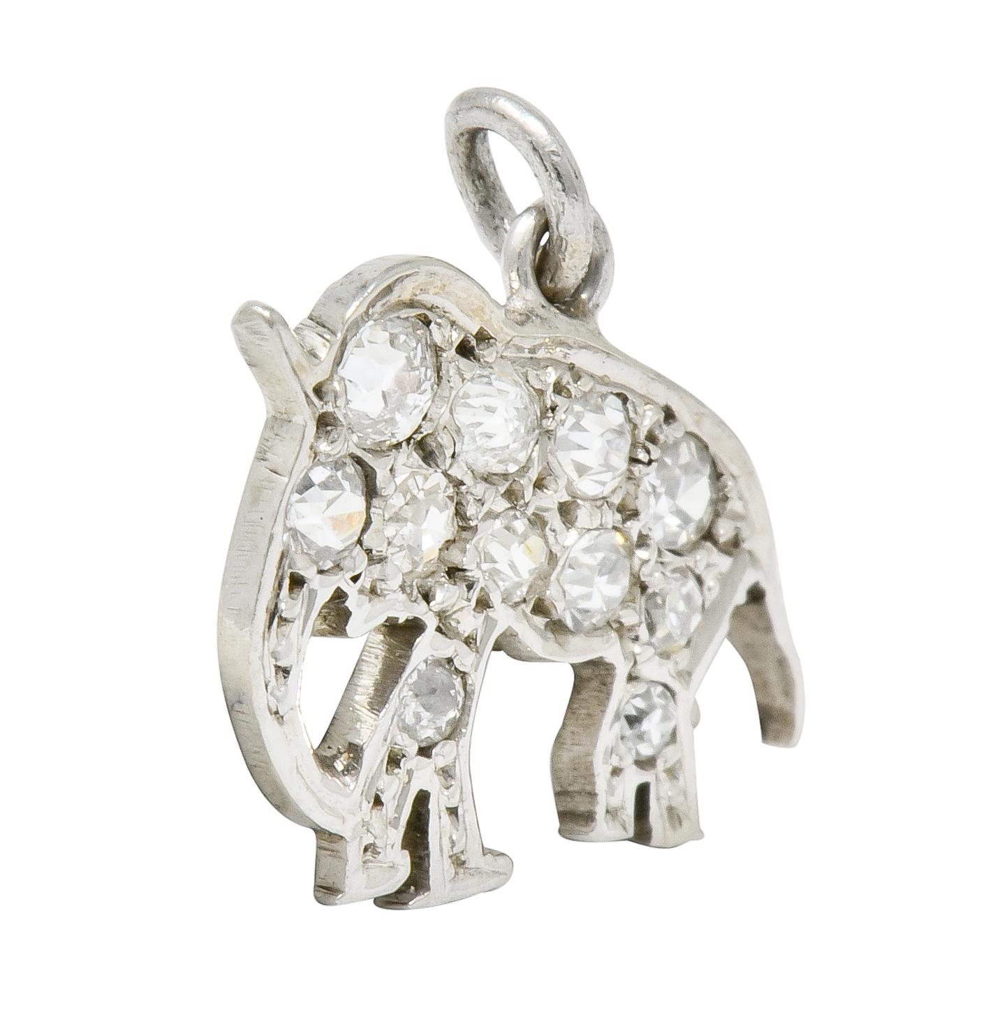 Charm designed as a stylized Indian elephant

Pavé set throughout by old European cut diamonds weighing in total approximately 0.30 carat; eye-clean and white

Tested as platinum

Circa: 1930s

Measures: 1/2 x 1/2 inch (including jump ring