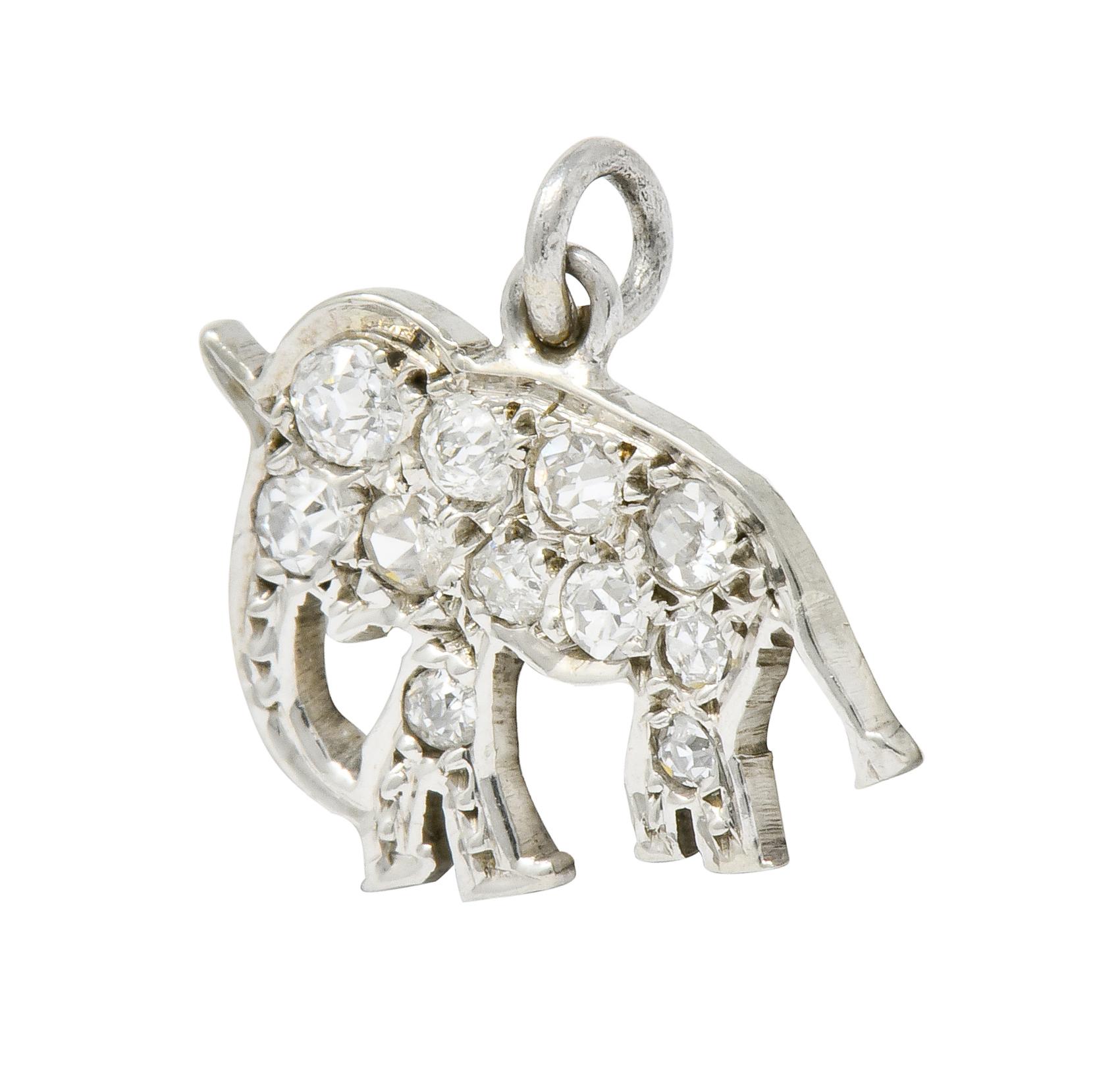 Art Deco Pave Old European Cut Diamond Platinum Elephant Charm In Excellent Condition In Philadelphia, PA