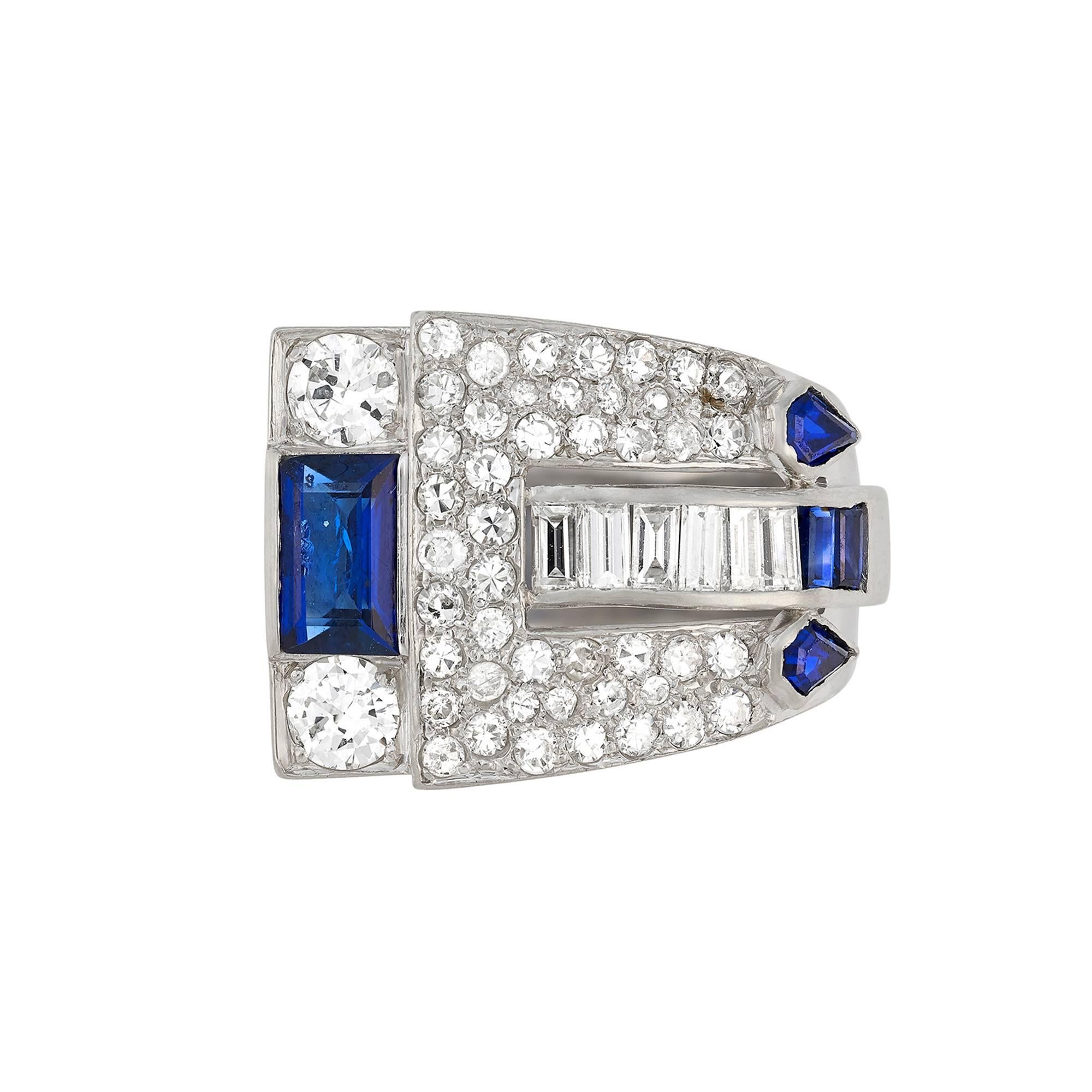 Art Deco pave set diamond, rectangular and kite shaped sapphire ring set in platinum, American circa 1930

Weight of diamonds 2.25 carats approximately

Finger size - leading edge K / 5.25