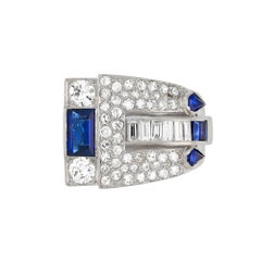 Art Deco Pave Set Diamond Rectangular and Kite Shaped Sapphire Platinum Ring
