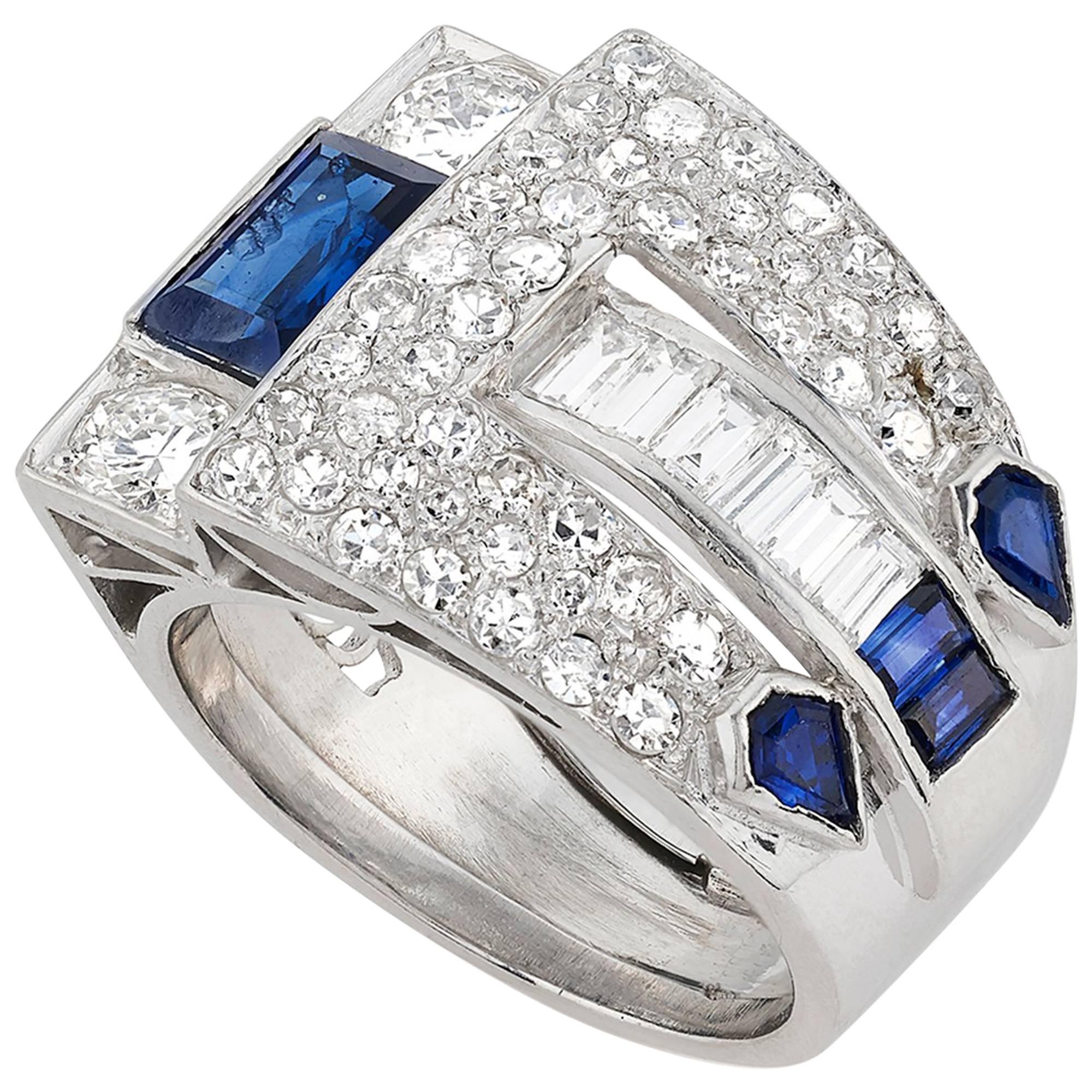 Art Deco Pave Set Diamond Rectangular and Kite Shaped Sapphire Platinum Ring For Sale