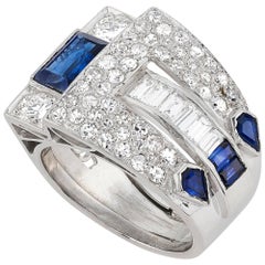 Art Deco Pave Set Diamond Rectangular and Kite Shaped Sapphire Platinum Ring