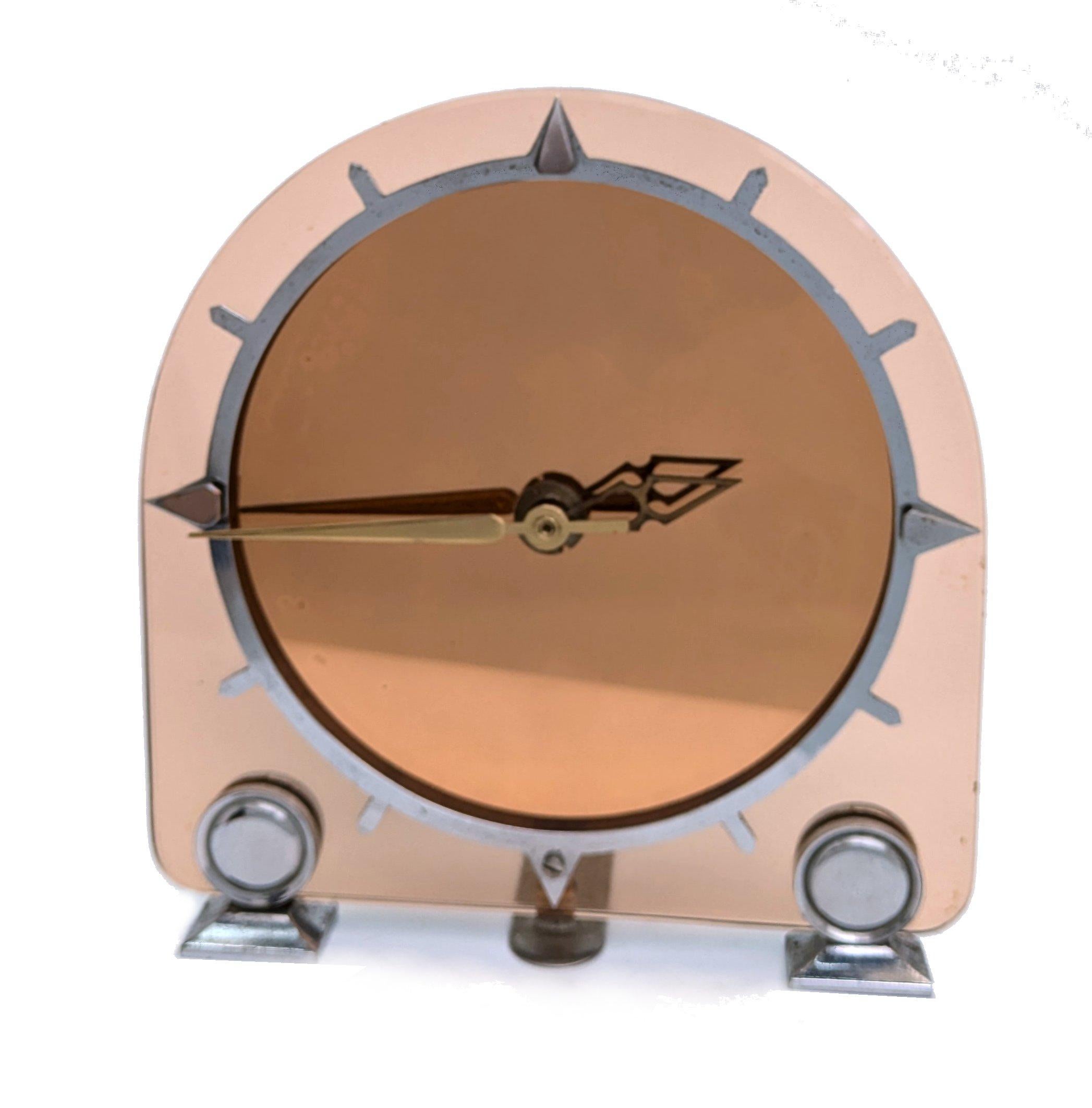 20th Century Art Deco Peach Colour Mirror Glass 8 Day Movement Mantle Clock, c1930 For Sale