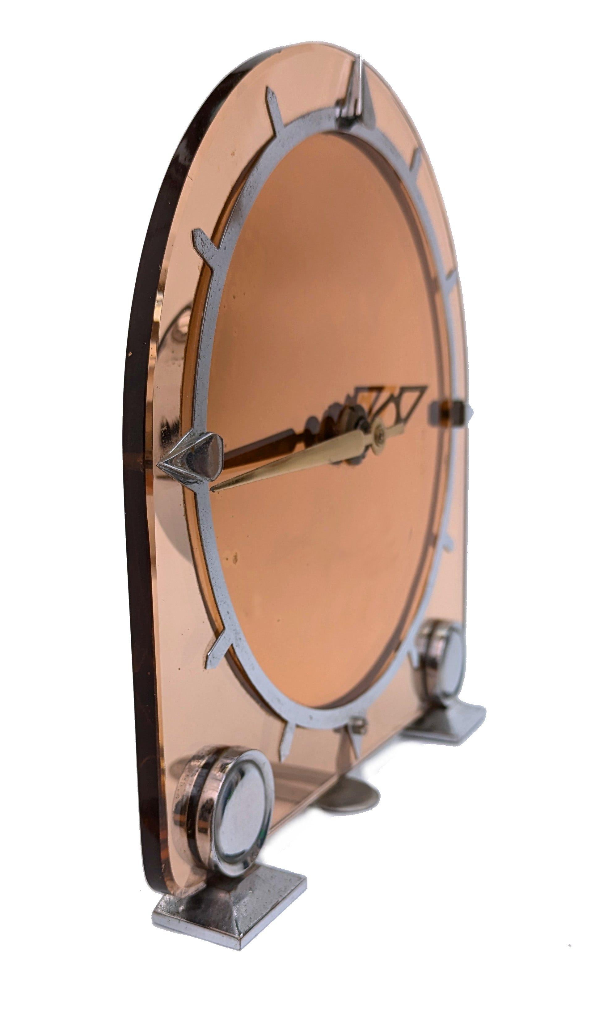 Brass Art Deco Peach Colour Mirror Glass 8 Day Movement Mantle Clock, c1930 For Sale