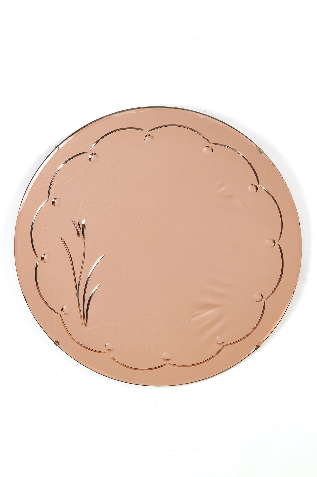 Art Deco Peach Coloured &Etched  Wall Mirror In Good Condition For Sale In Dereham, GB
