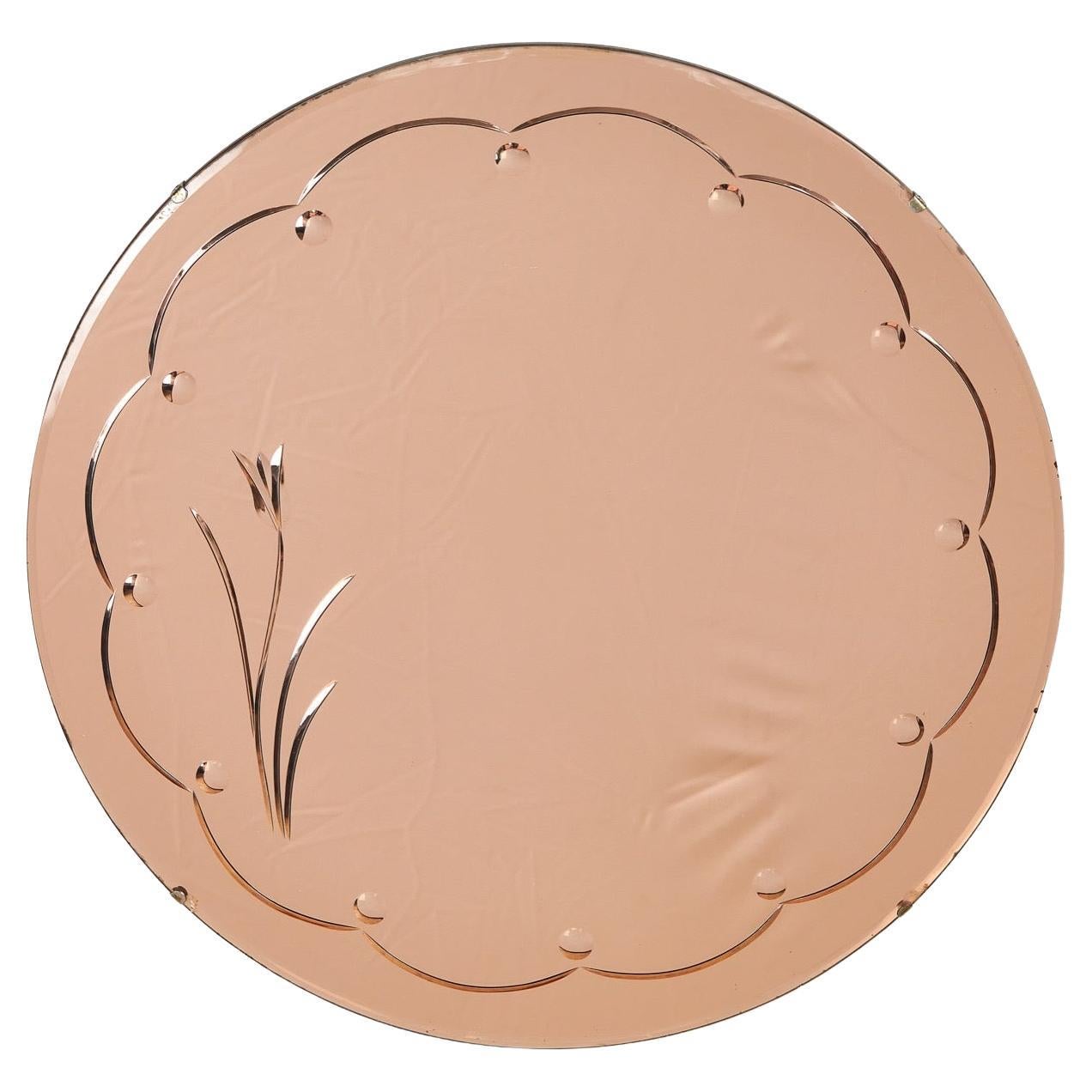 Art Deco Peach Coloured &Etched  Wall Mirror For Sale
