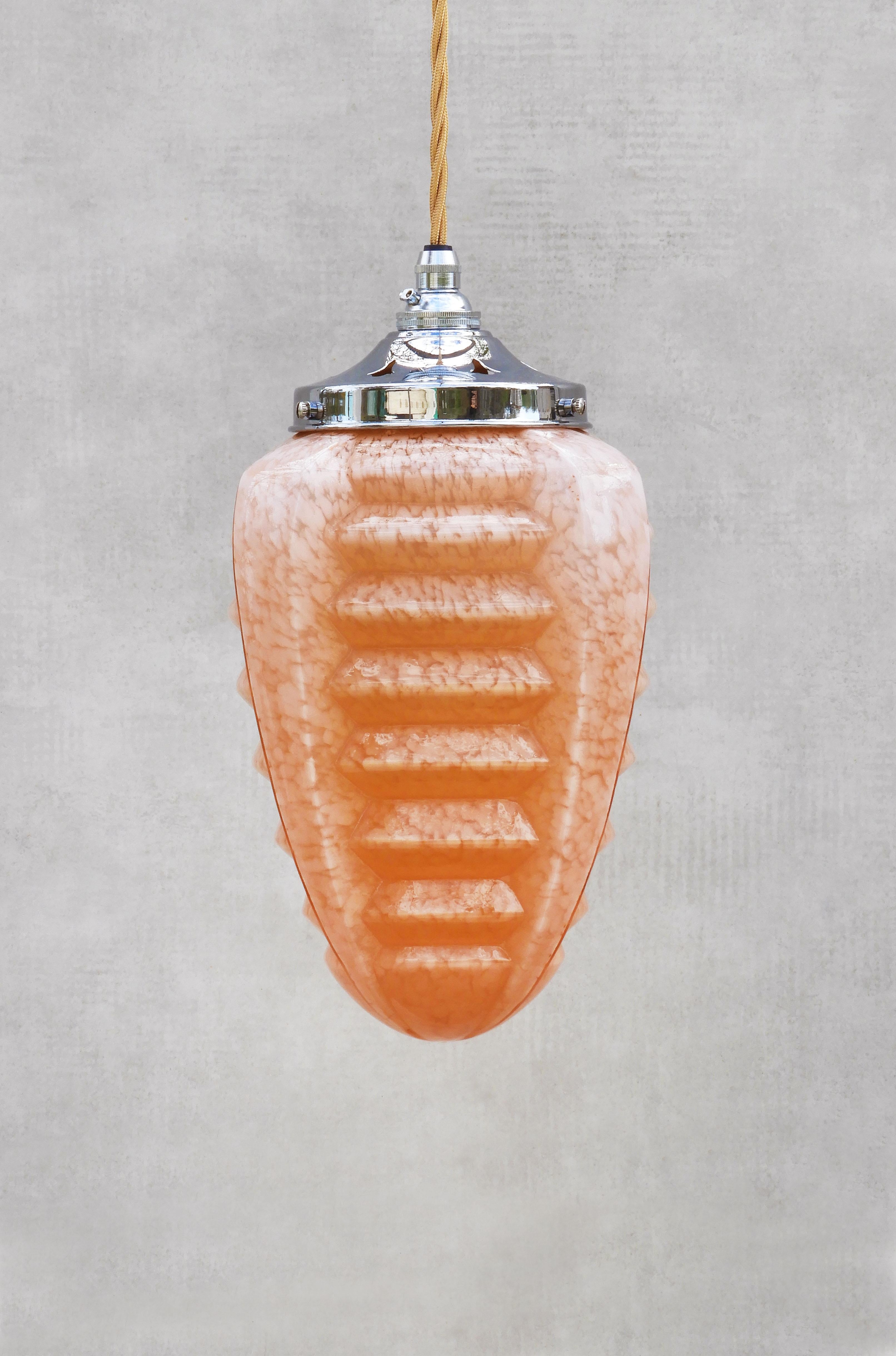 French Art Deco Peach Pink Clichy Glass Machine Age Pendant Light C1930 For Sale