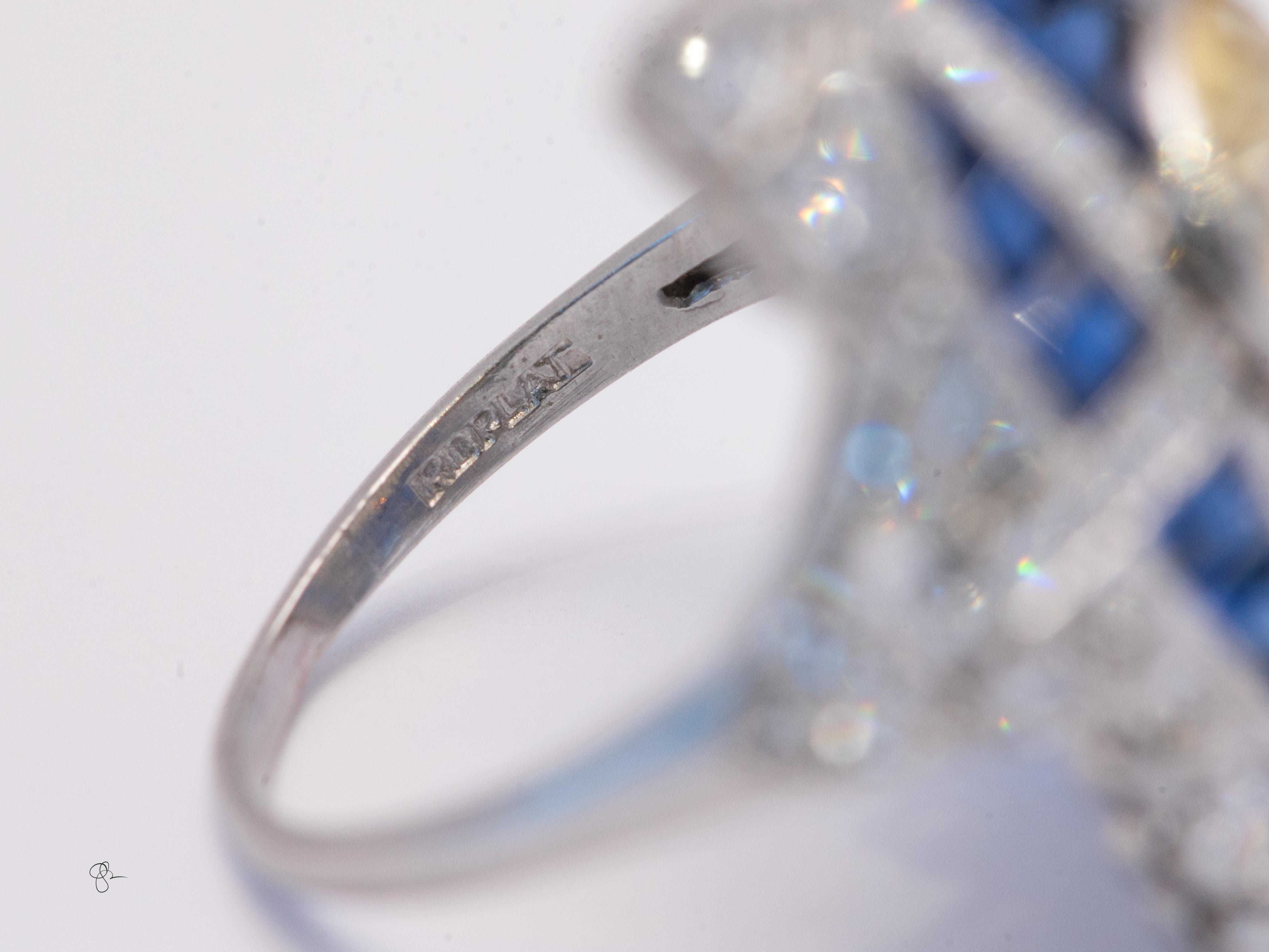 Round Cut Art Deco Peacock Vintage Ring with Yellow Sapphire, Blue Sapphires & Diamonds For Sale